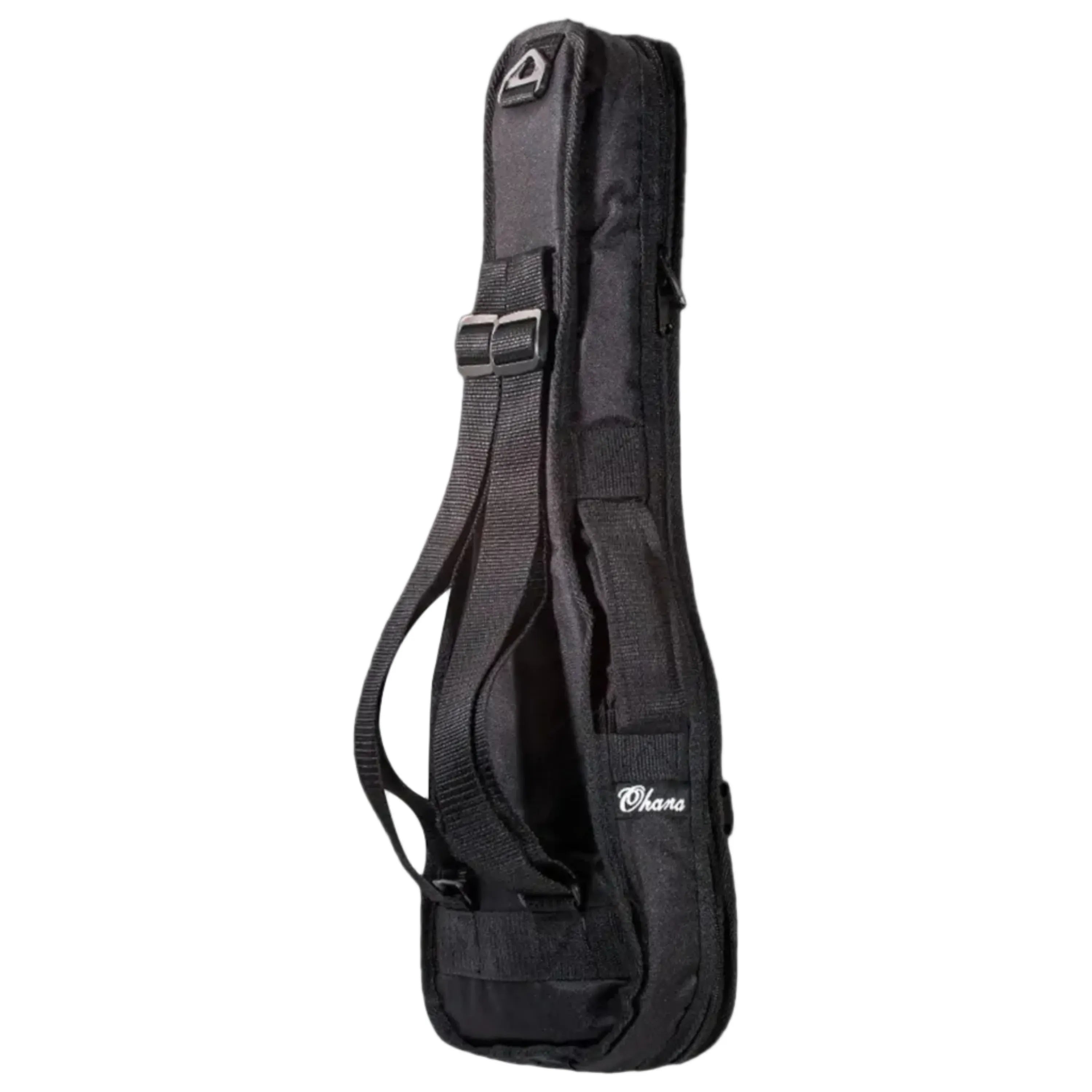 Ohana UB-31-GN black nylon baritone ukulele gigbag with embroidered logo and backpack straps.