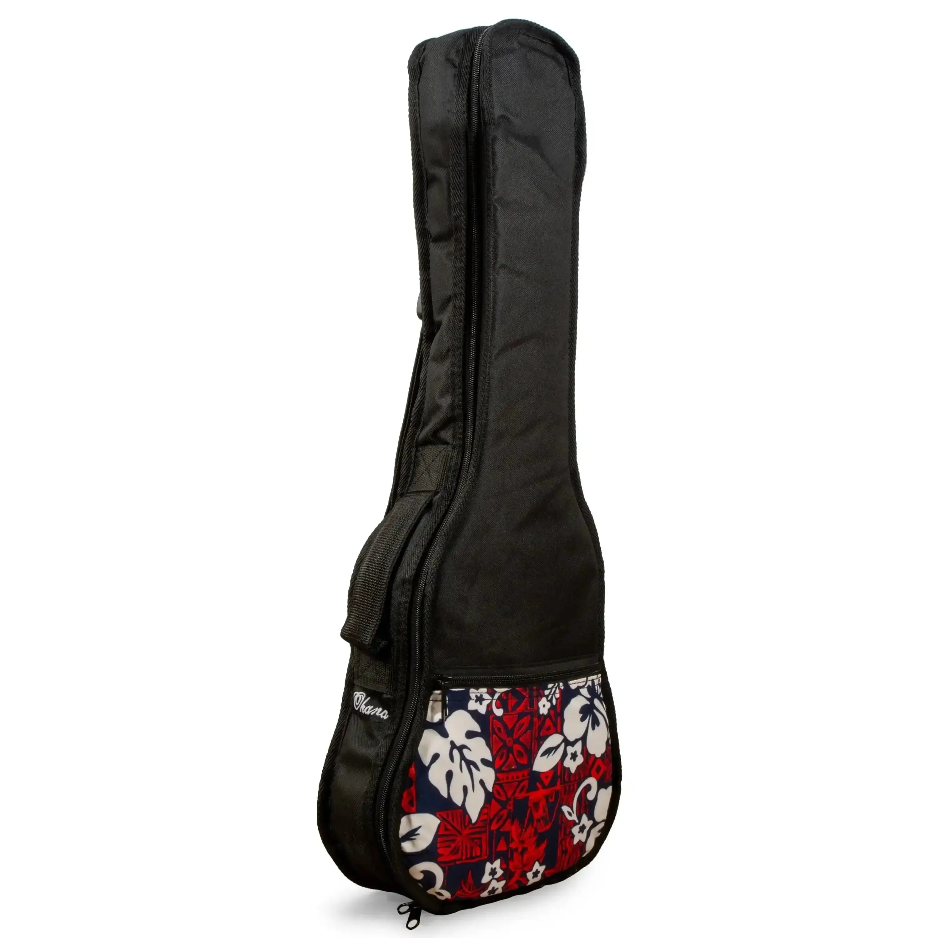 Ohana UB-31-RD Baritone Ukulele Gigbag, black nylon with red Hawaiian floral print pocket.