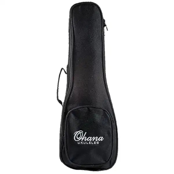 Ohana UB-31BK black padded gigbag for baritone ukuleles, with embroidered Ohana logo and front pocket.