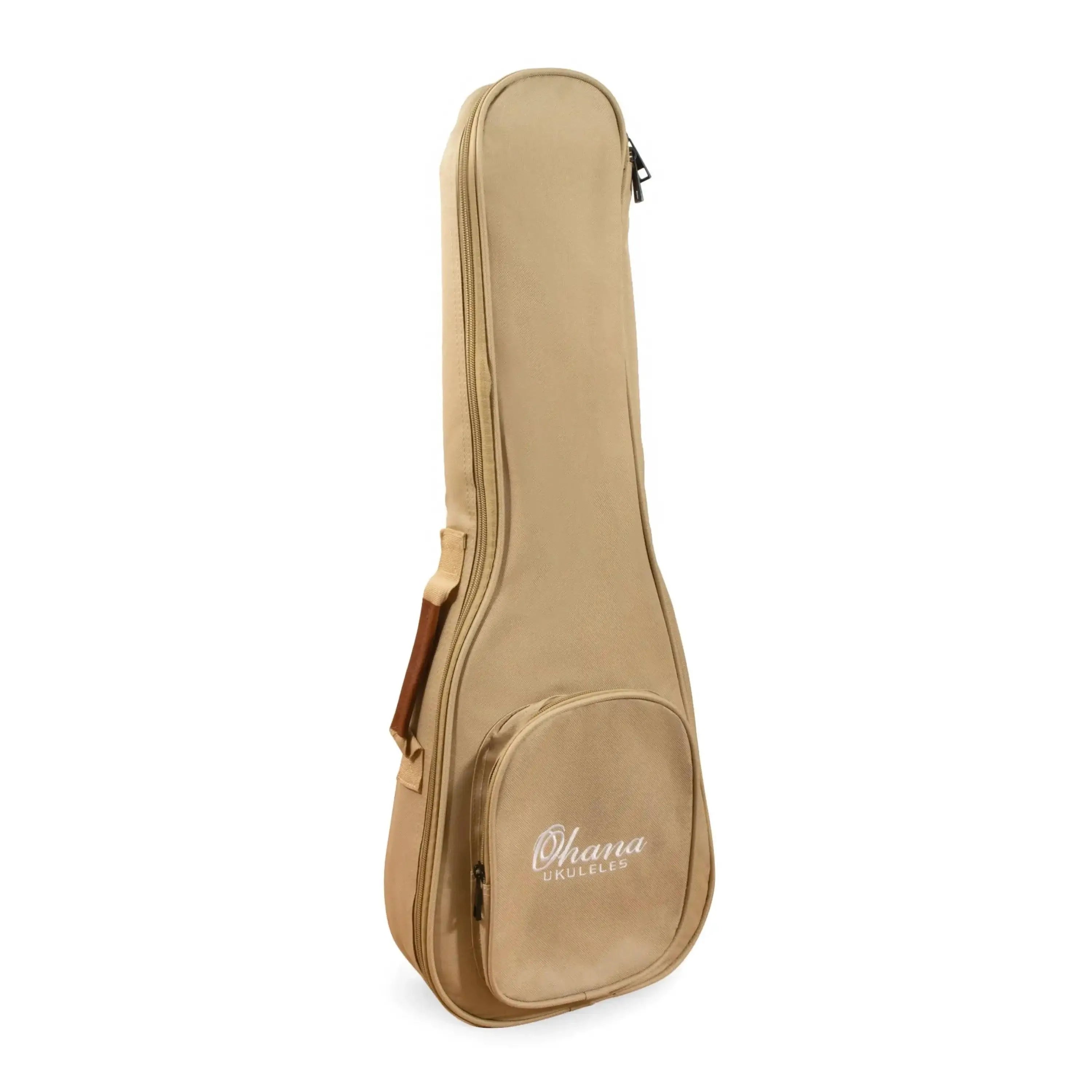 Ohana UB-31YL tan padded baritone ukulele gigbag with embroidered logo, front pocket, and faux leather handle.