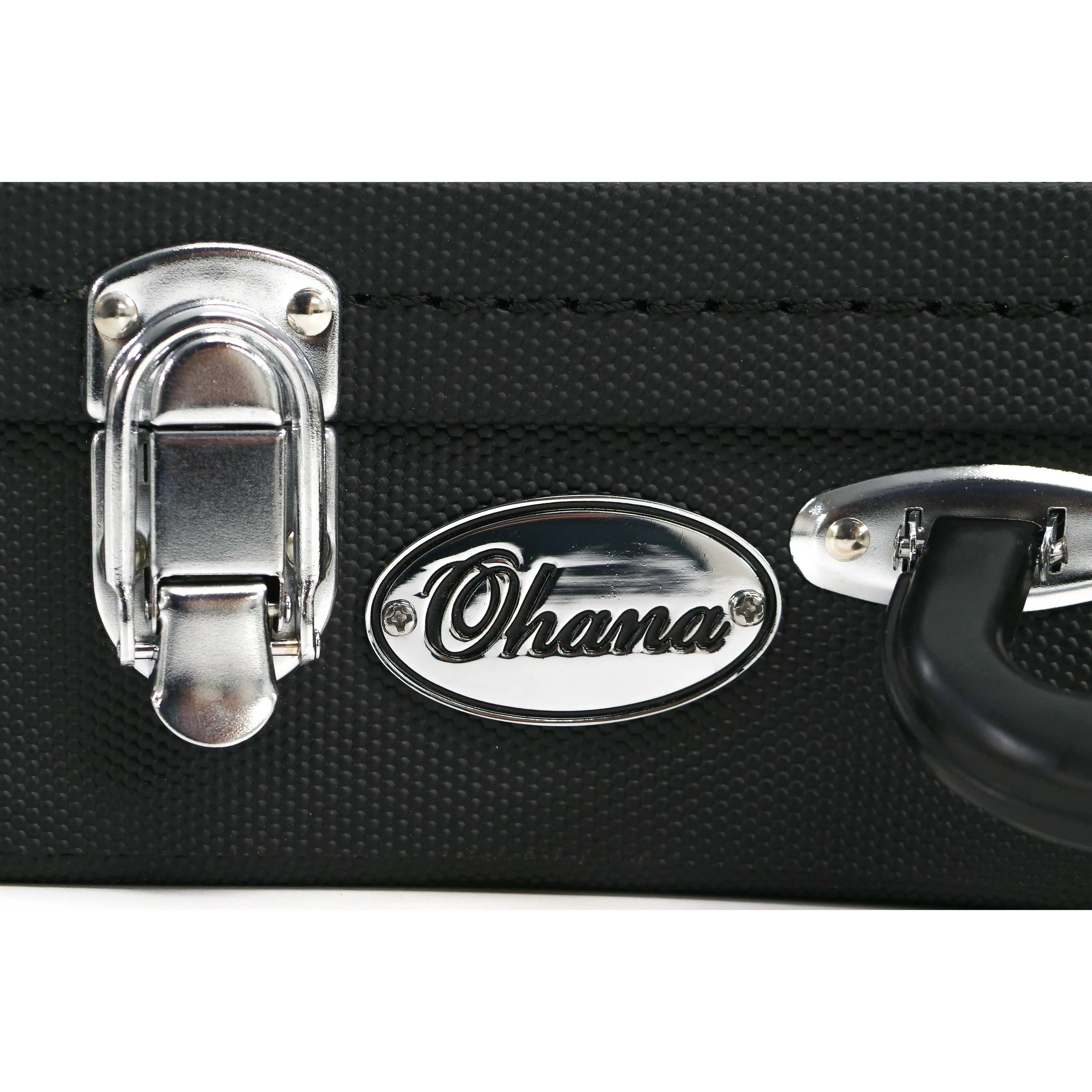 Ohana UCH-17 Sopranissimo Ukulele Hardshell Case with black Dura-Grip exterior, chrome latch, and Ohana logo.