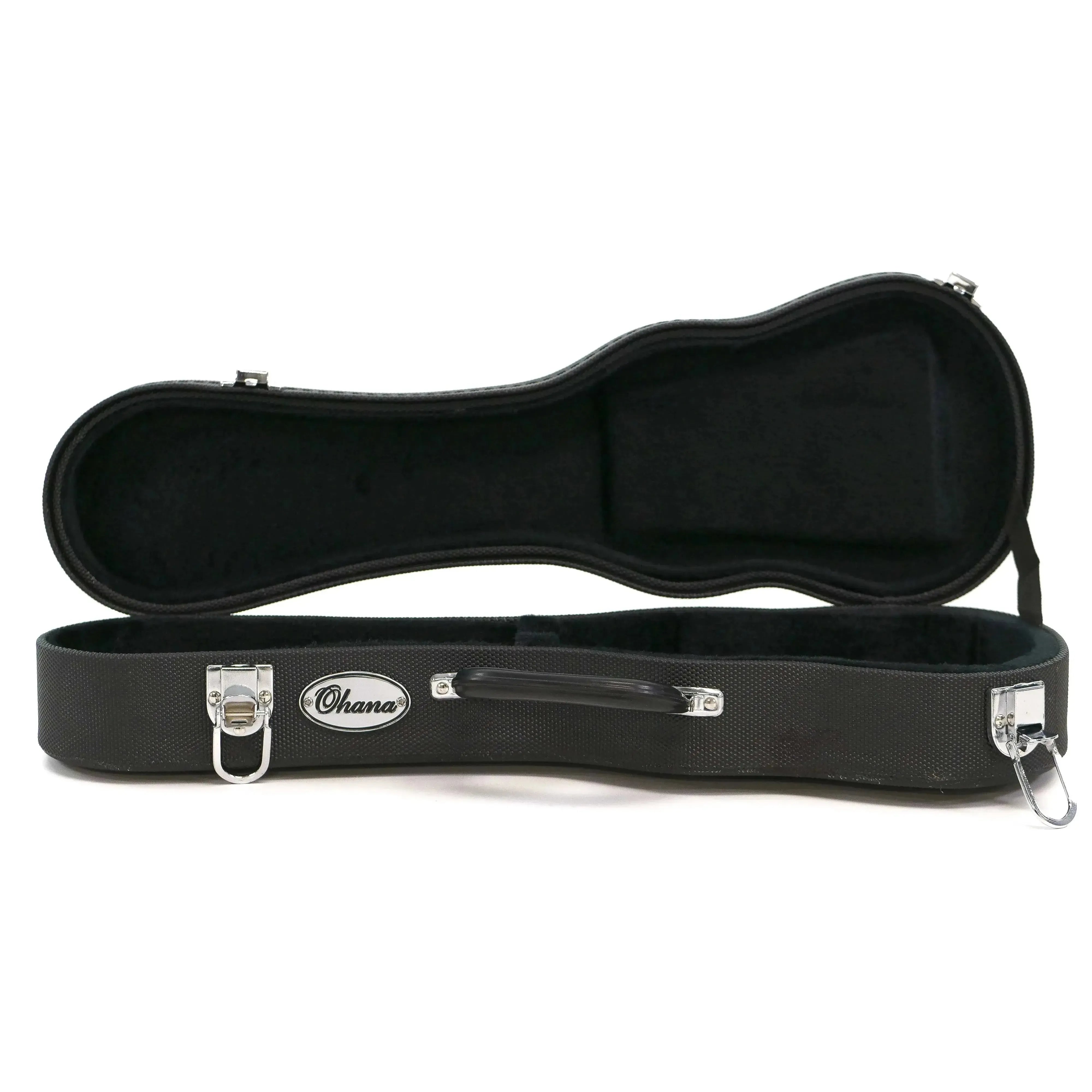Ohana UCH-19 black sopranino ukulele hardshell case, open with plush interior and chrome latches.