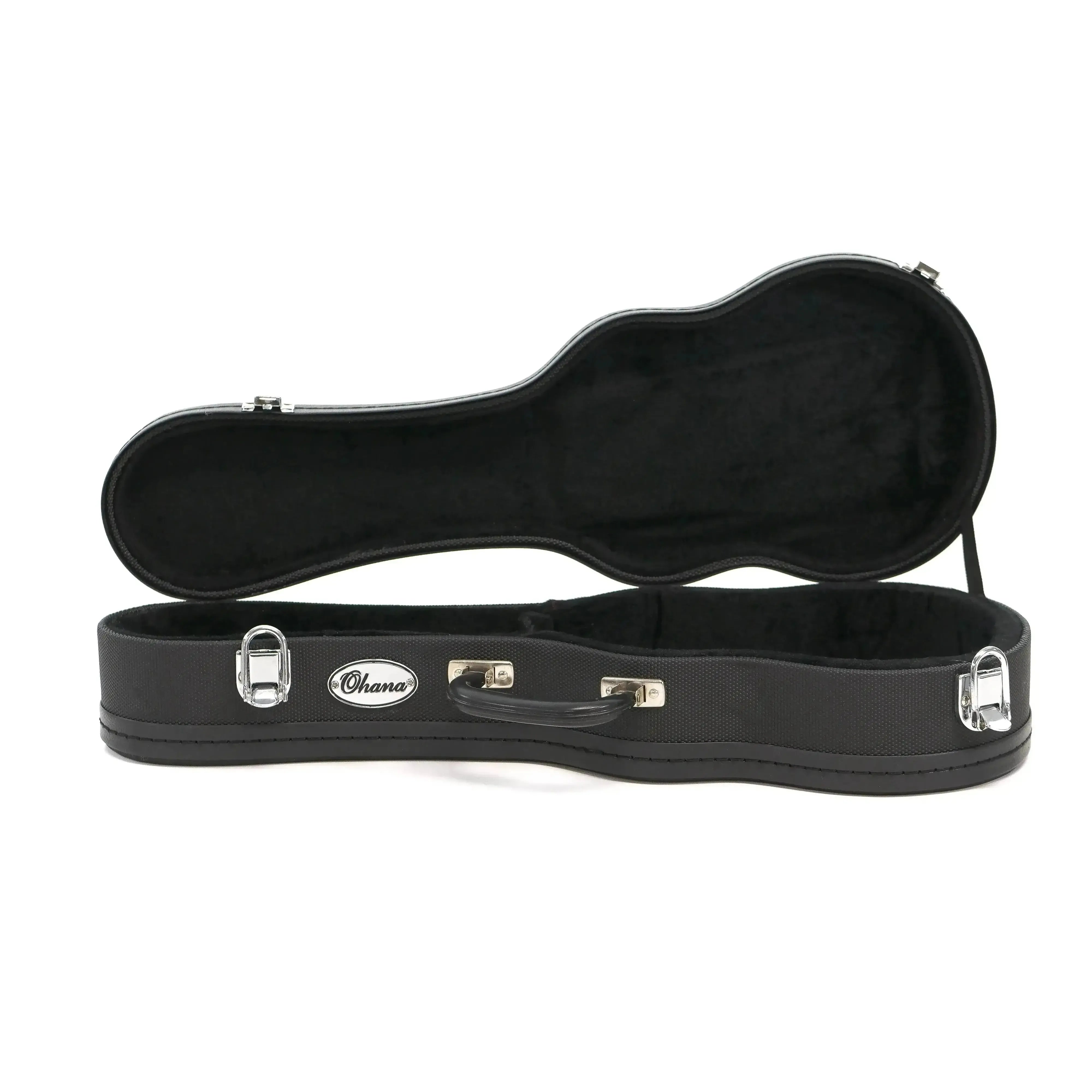 Ohana UCH-21 Soprano Ukulele Hardshell Case, open, black Dura-Grip exterior, plush interior.