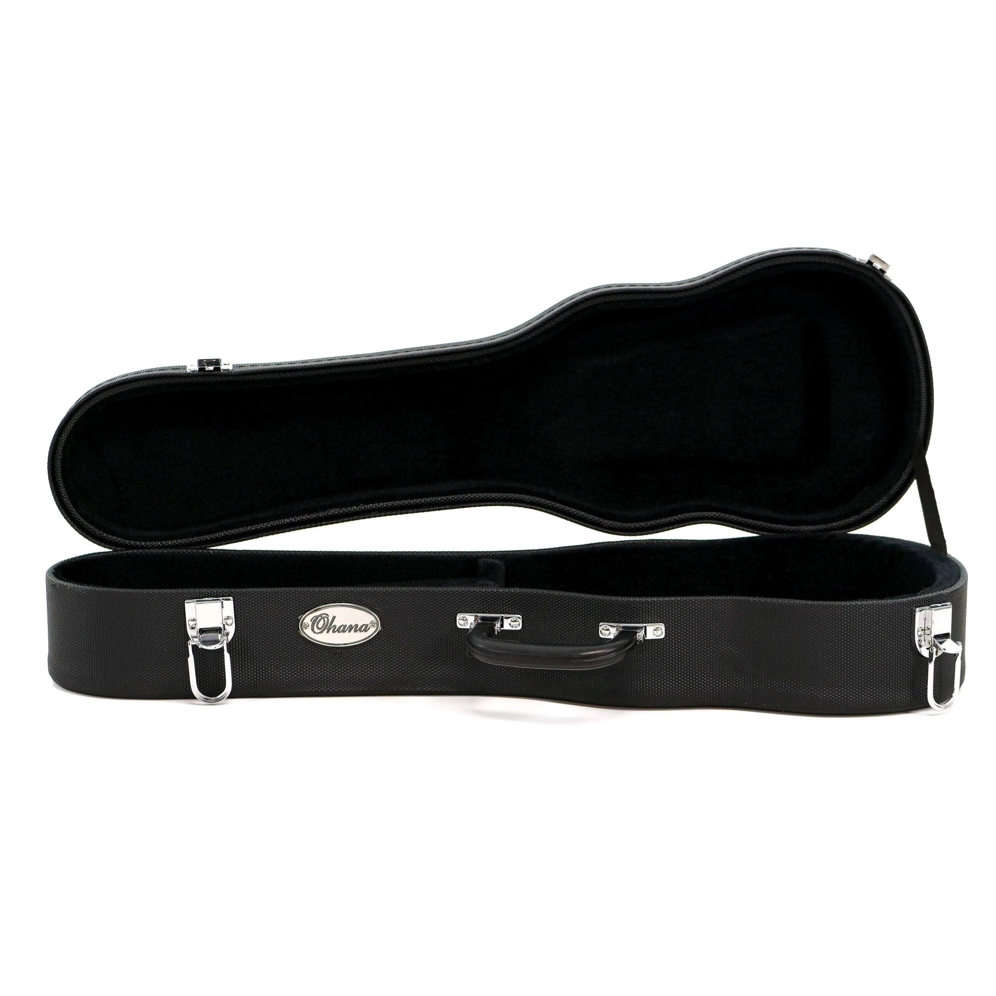 Ohana UCH-21L Longneck Soprano Ukulele Hardshell Case, open, black Dura-Grip exterior, plush interior.
