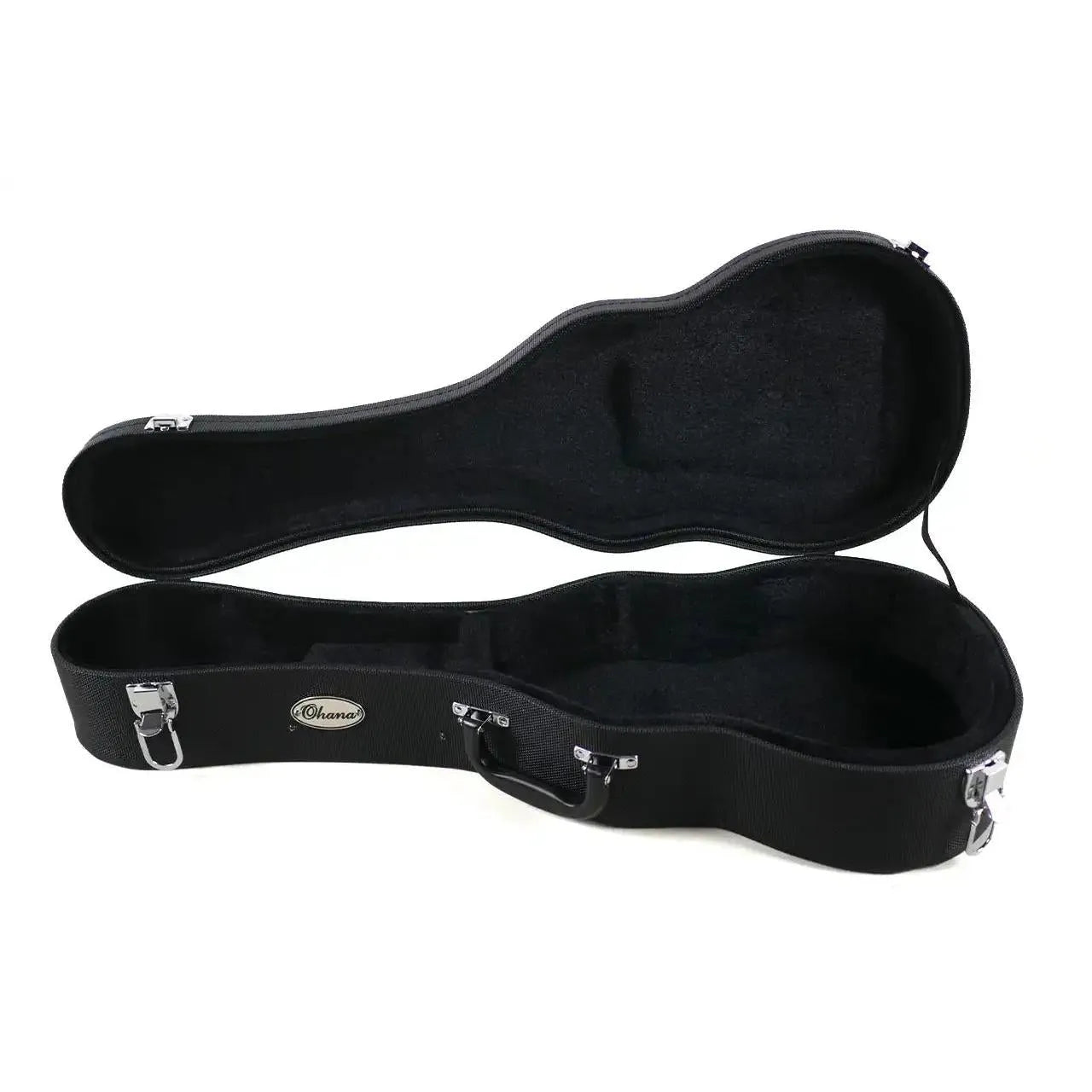 Ohana UCH-27 Tenor Ukulele Hardshell Case, open, showing black Dura-Grip exterior and plush interior.