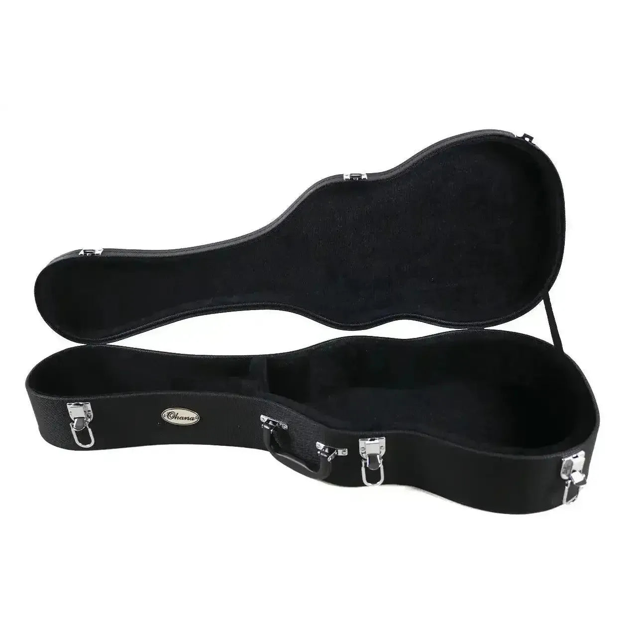 Ohana UCH-31 Baritone Ukulele Hardshell Case, open, black Dura-Grip exterior, plush interior.