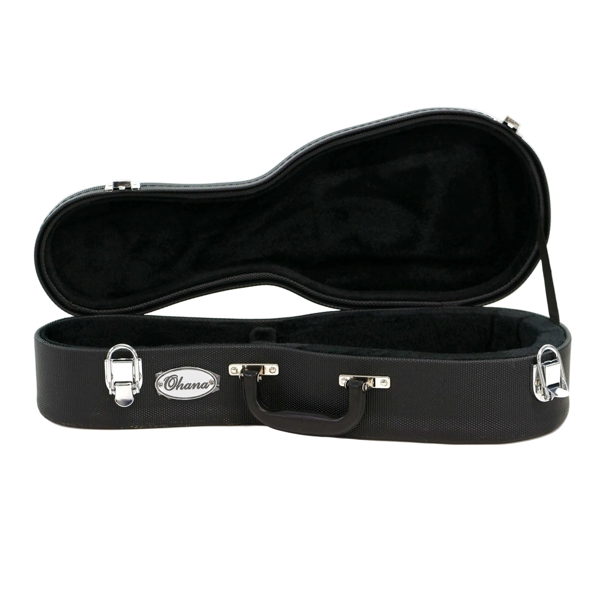Ohana UCP-17 black pineapple sopranissimo ukulele hardshell case with plush interior and chrome latches.