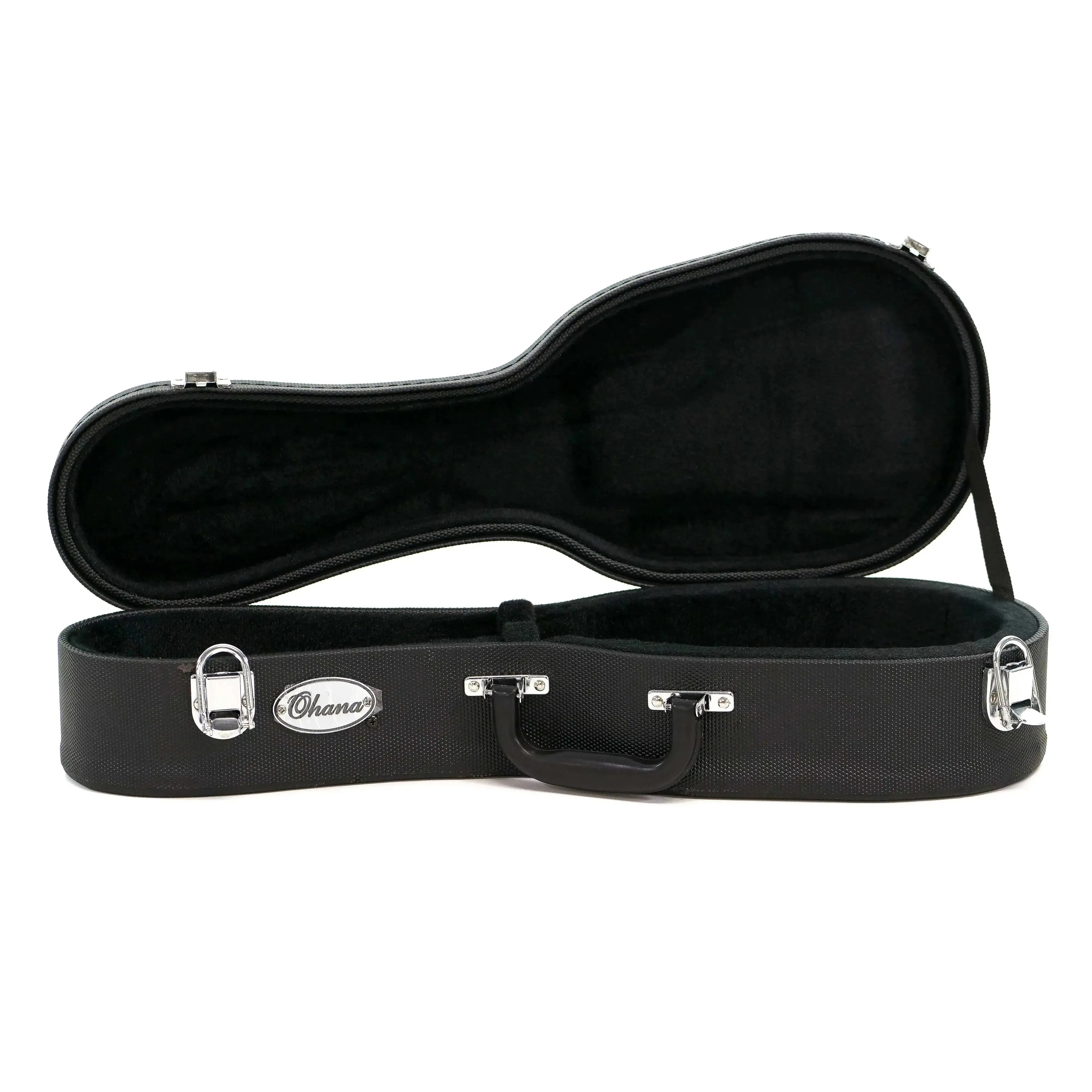 Ohana UCP-19 black pineapple sopranino ukulele hardshell case, open with plush interior.