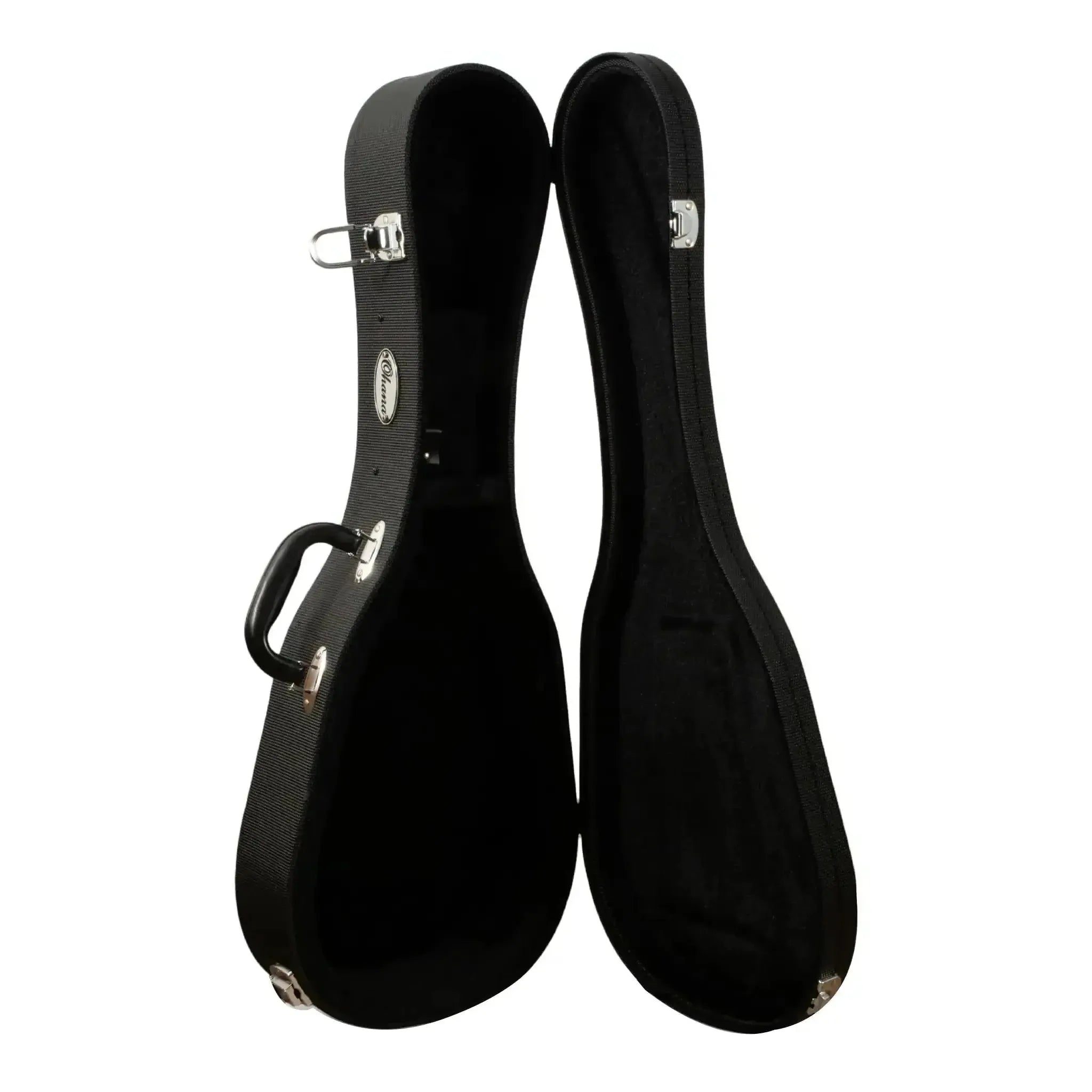 Ohana UCP-24 black hardshell case for pineapple concert ukuleles, open with plush interior.