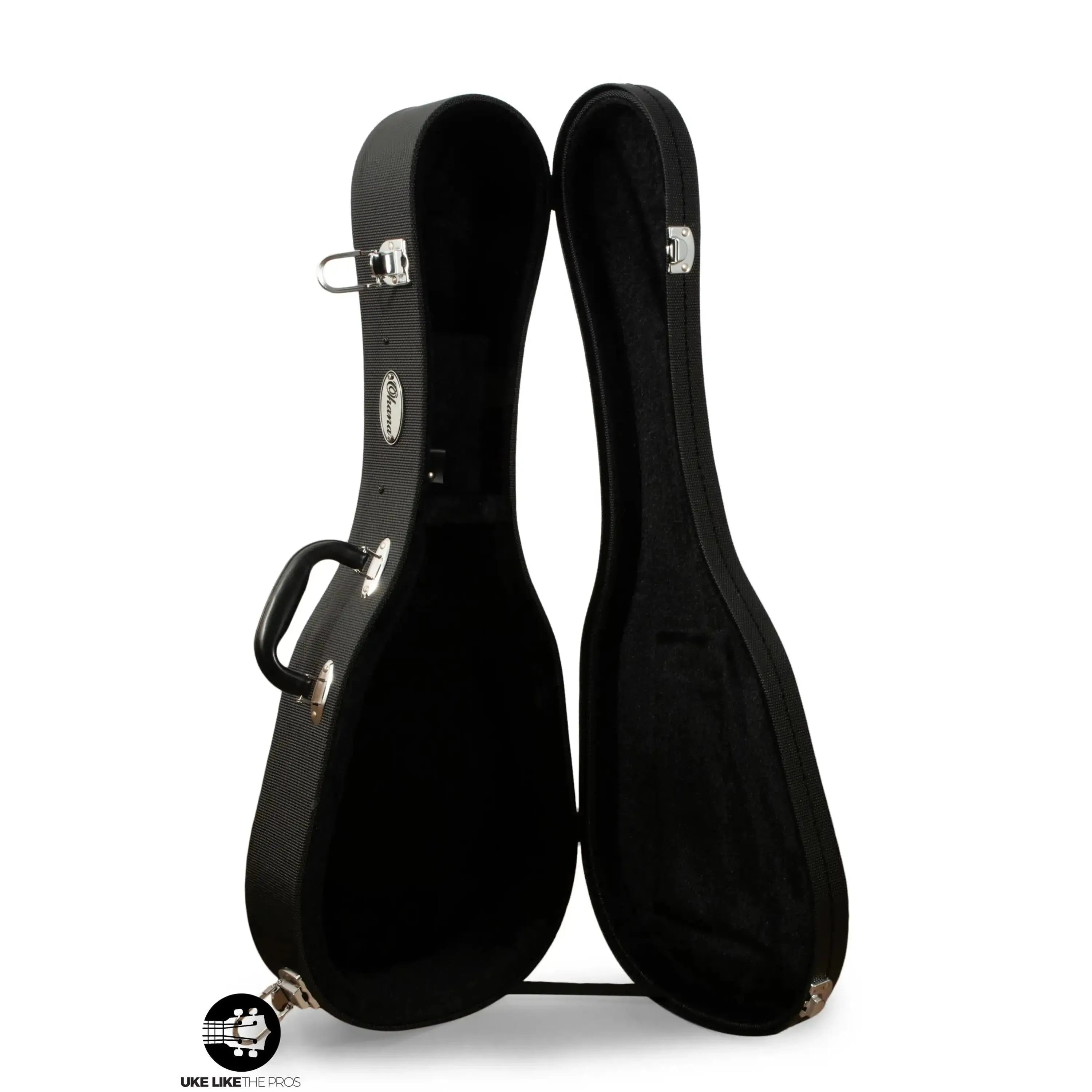 Ohana UCP-27 black pineapple tenor ukulele hardshell case, open, showing plush interior and chrome latches.