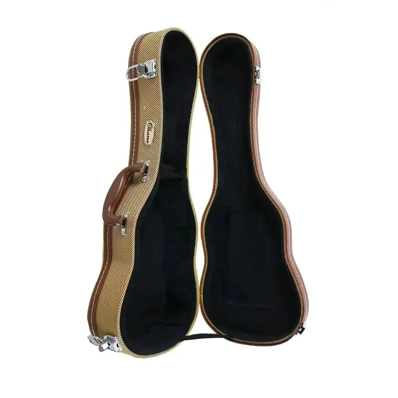 Ohana UCTV-24 Vintage Tweed Concert Ukulele Hardshell Case, open, with black plush interior.
