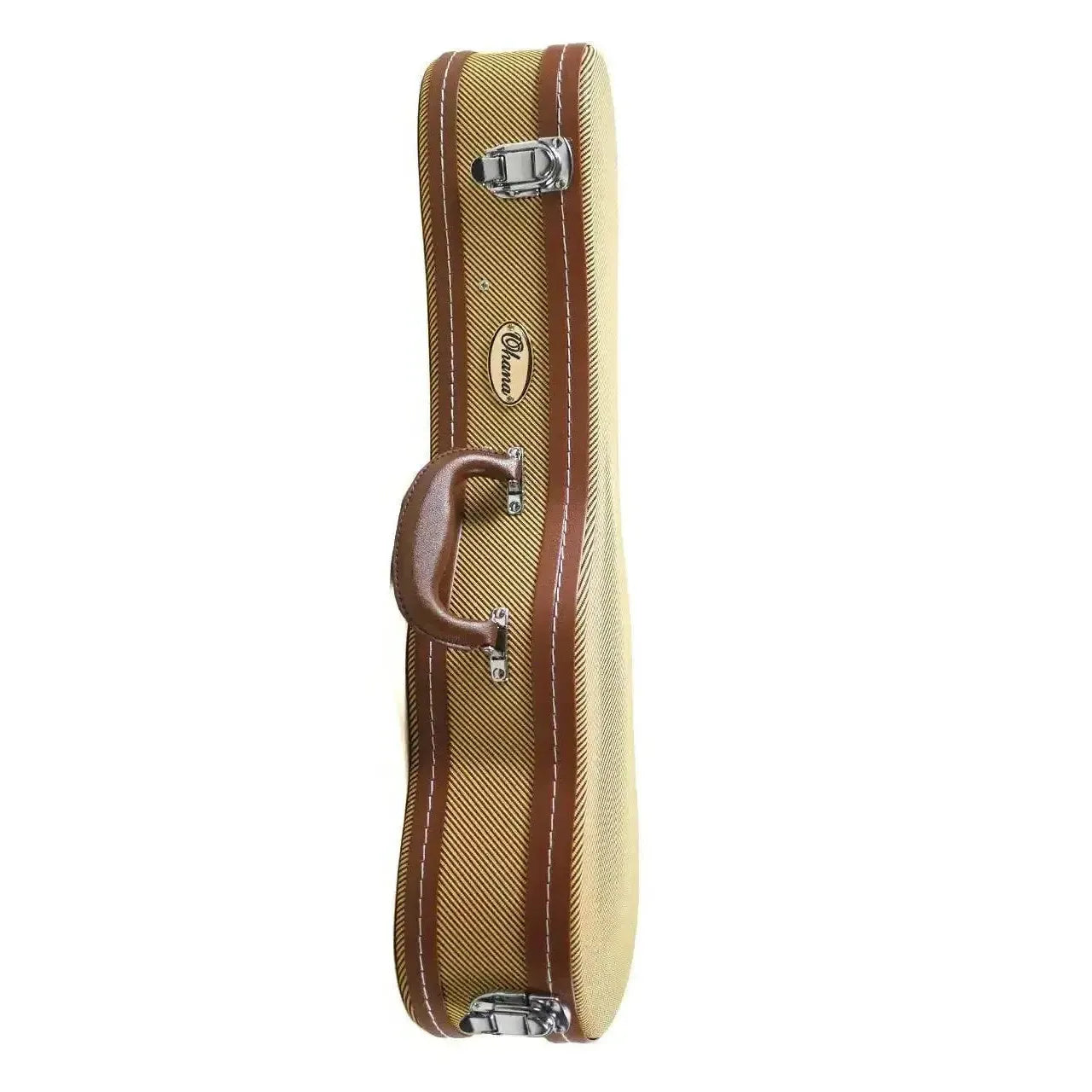 Ohana UCTV-24 vintage tweed concert ukulele hardshell case with brown Tolex trim, handle, and chrome latches.