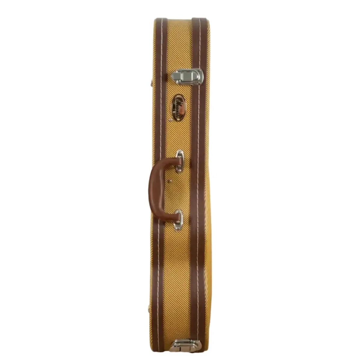 Ohana UCTV-24L Tweed Super Concert Ukulele Hardshell Case, side view, with brown handle and chrome latches.