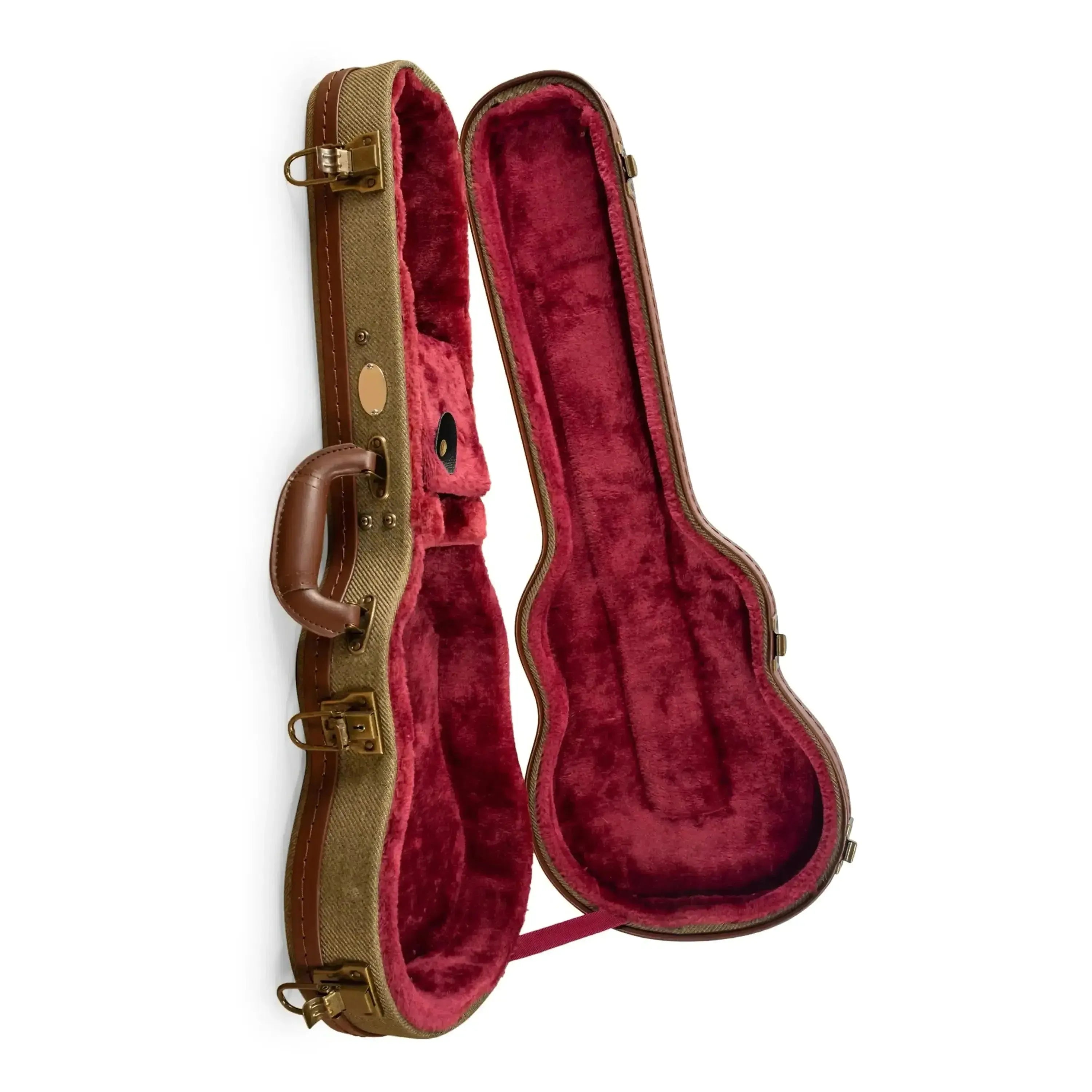 Ohana UOT-24 Olive Twill Concert Ukulele Hardshell Case, open with plush wine velvet interior.