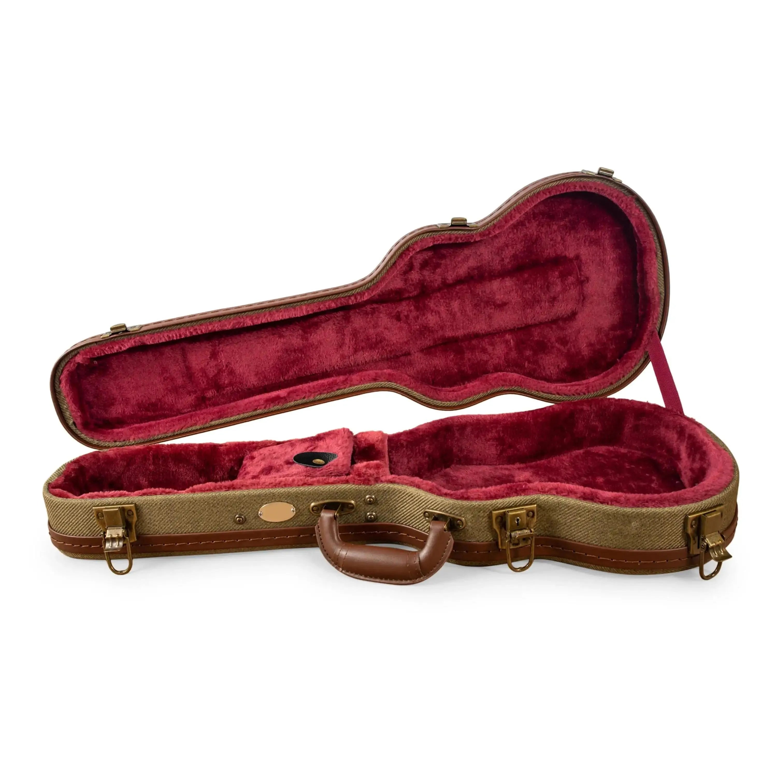 Ohana UOT-24 Olive Twill Concert Ukulele Hardshell Case with brown trim and plush wine velvet interior.