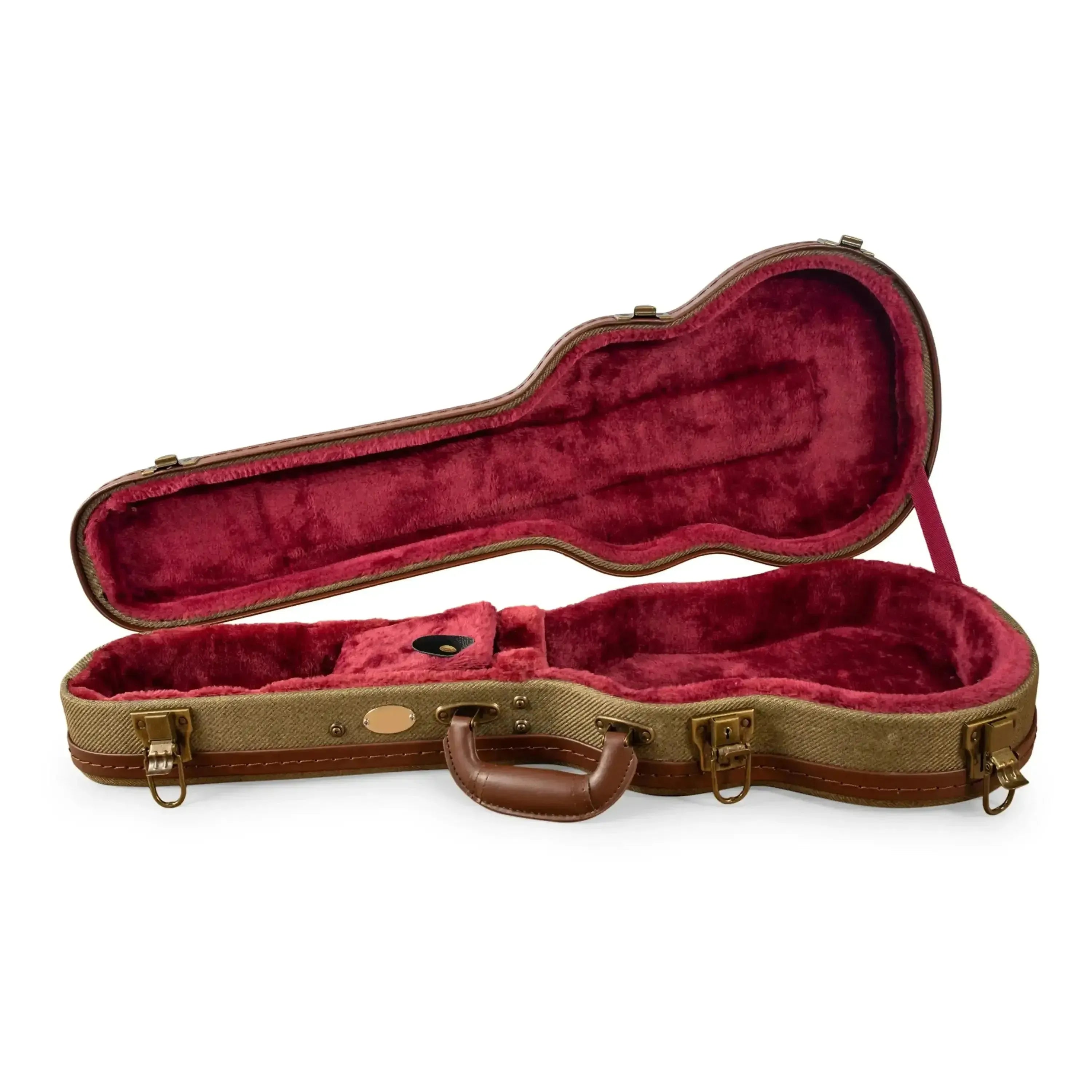 Ohana UOT-27 tenor ukulele hardshell case, olive twill exterior, brown Tolex trim, and wine velvet interior.