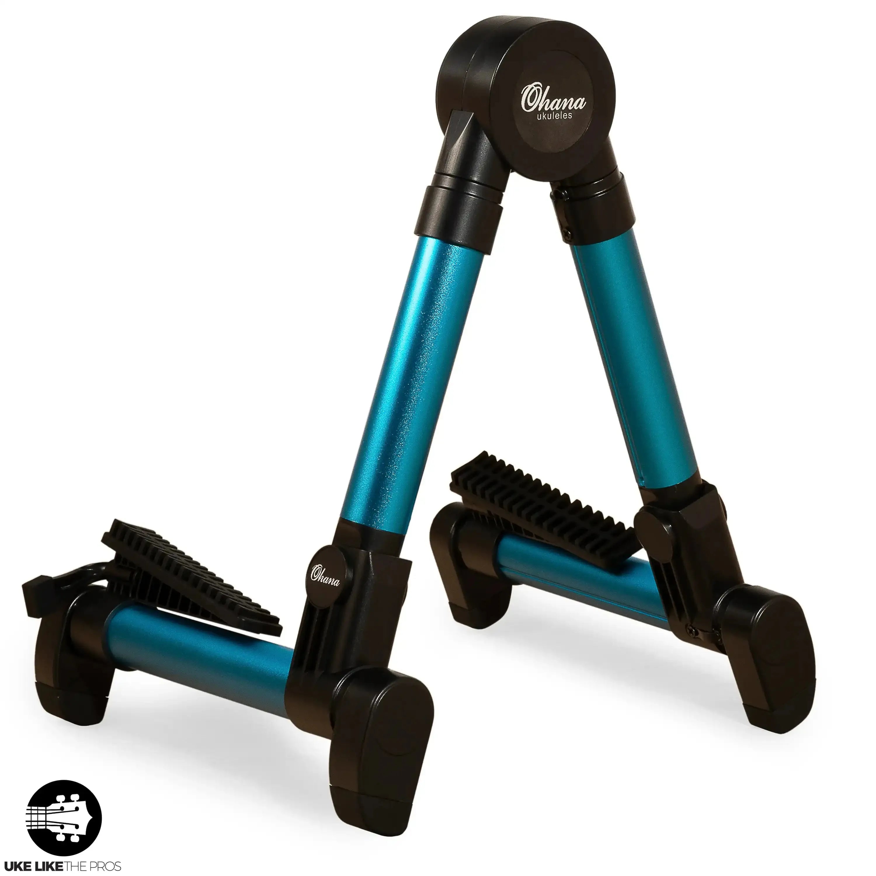 Ohana US-30BL blue aluminum A-frame portable ukulele stand with black rubber feet and supports.