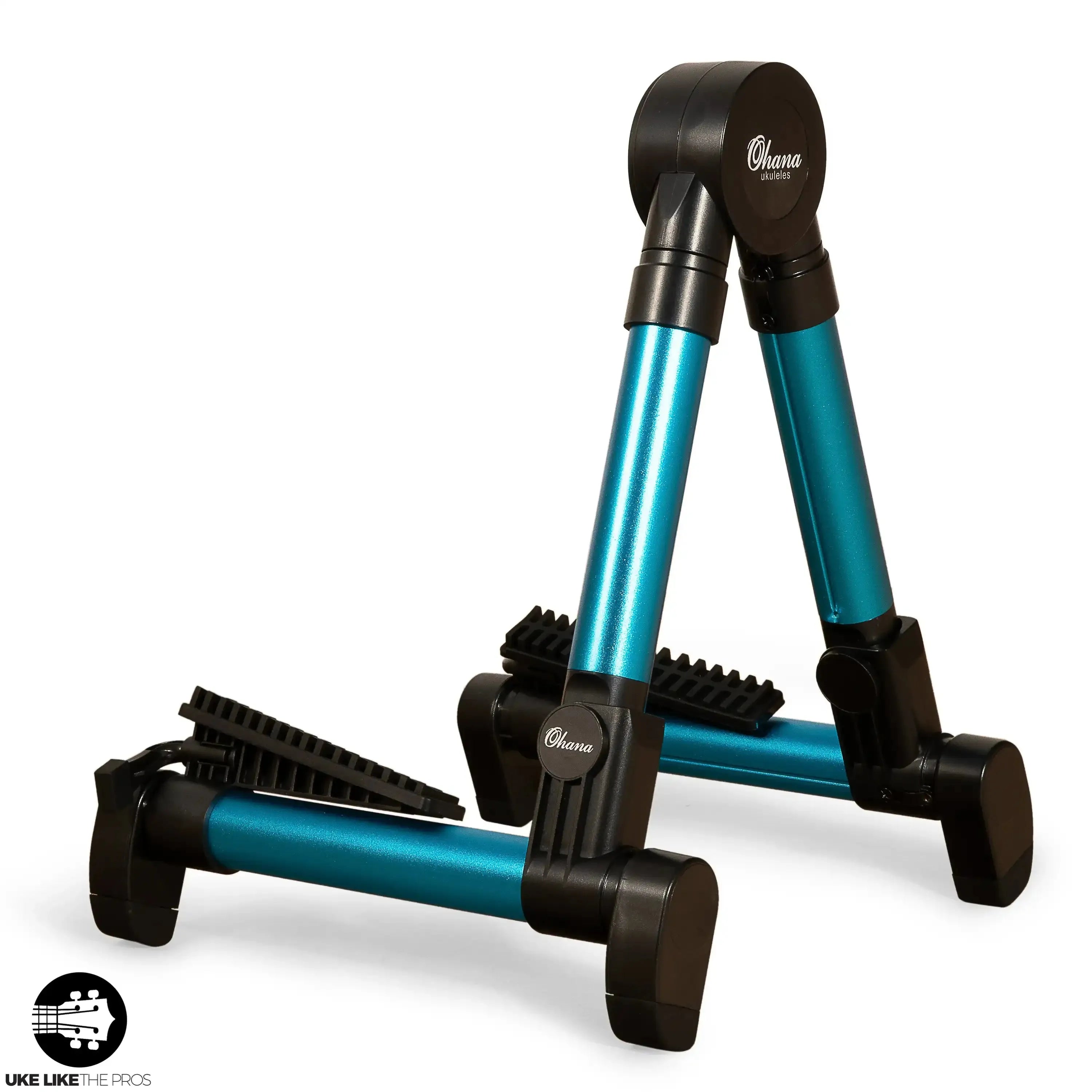 Ohana US-30BL blue aluminum A-frame portable ukulele stand, folded and open.