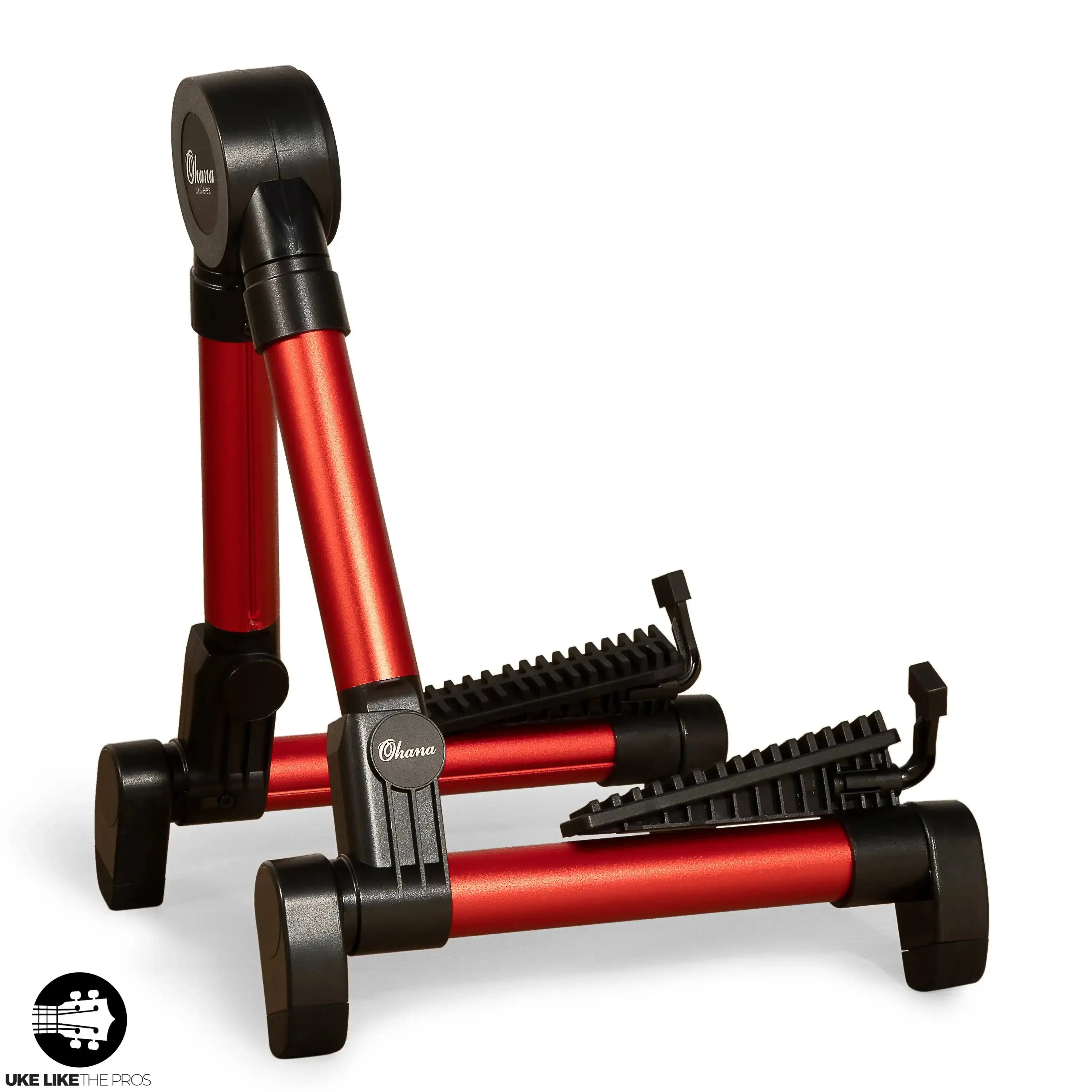 Ohana US-30RD lightweight red aluminum A-frame portable stand for ukulele, mandolin, or guitar.