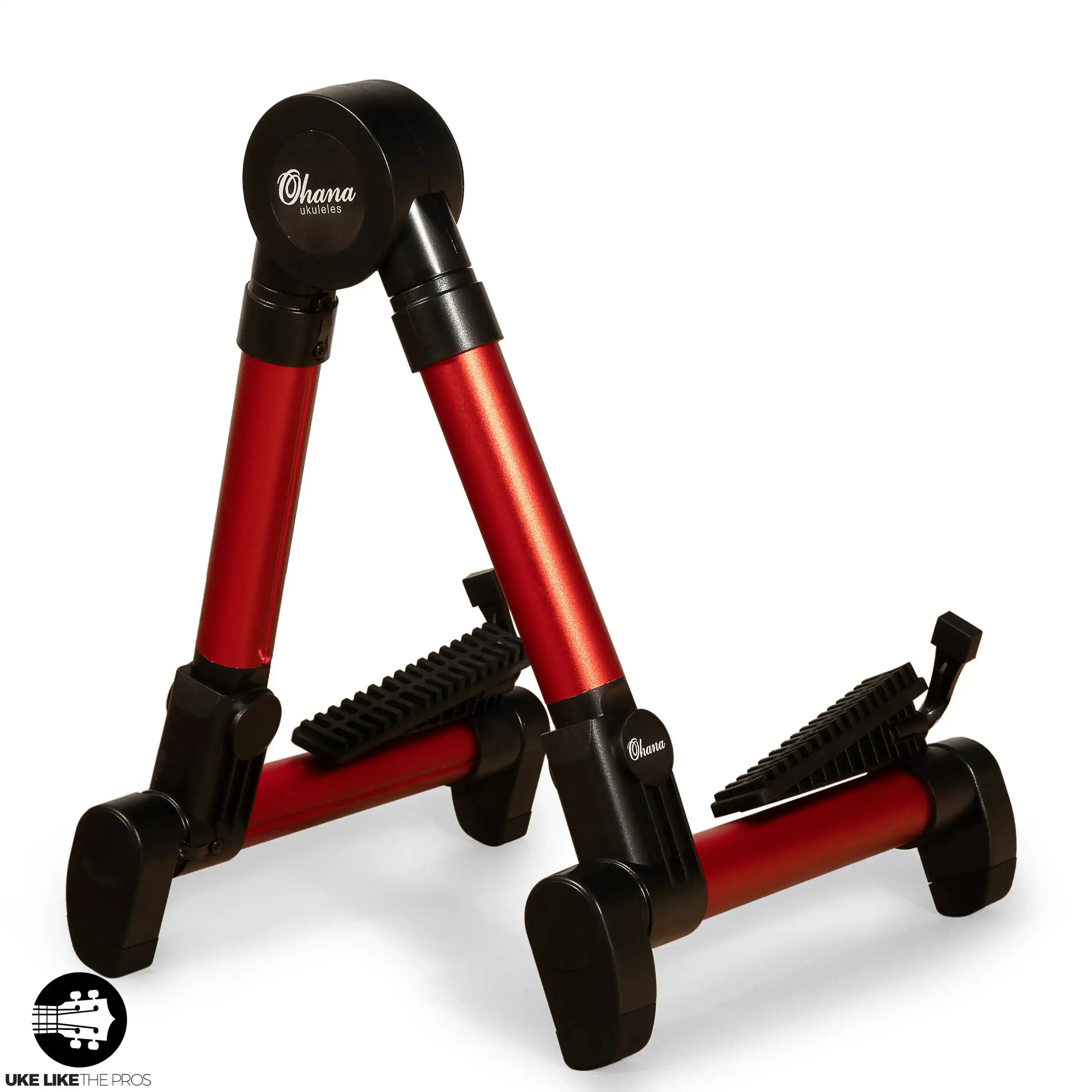 Ohana US-30 RD lightweight red aluminum A-frame portable ukulele stand with black rubber feet and rests.