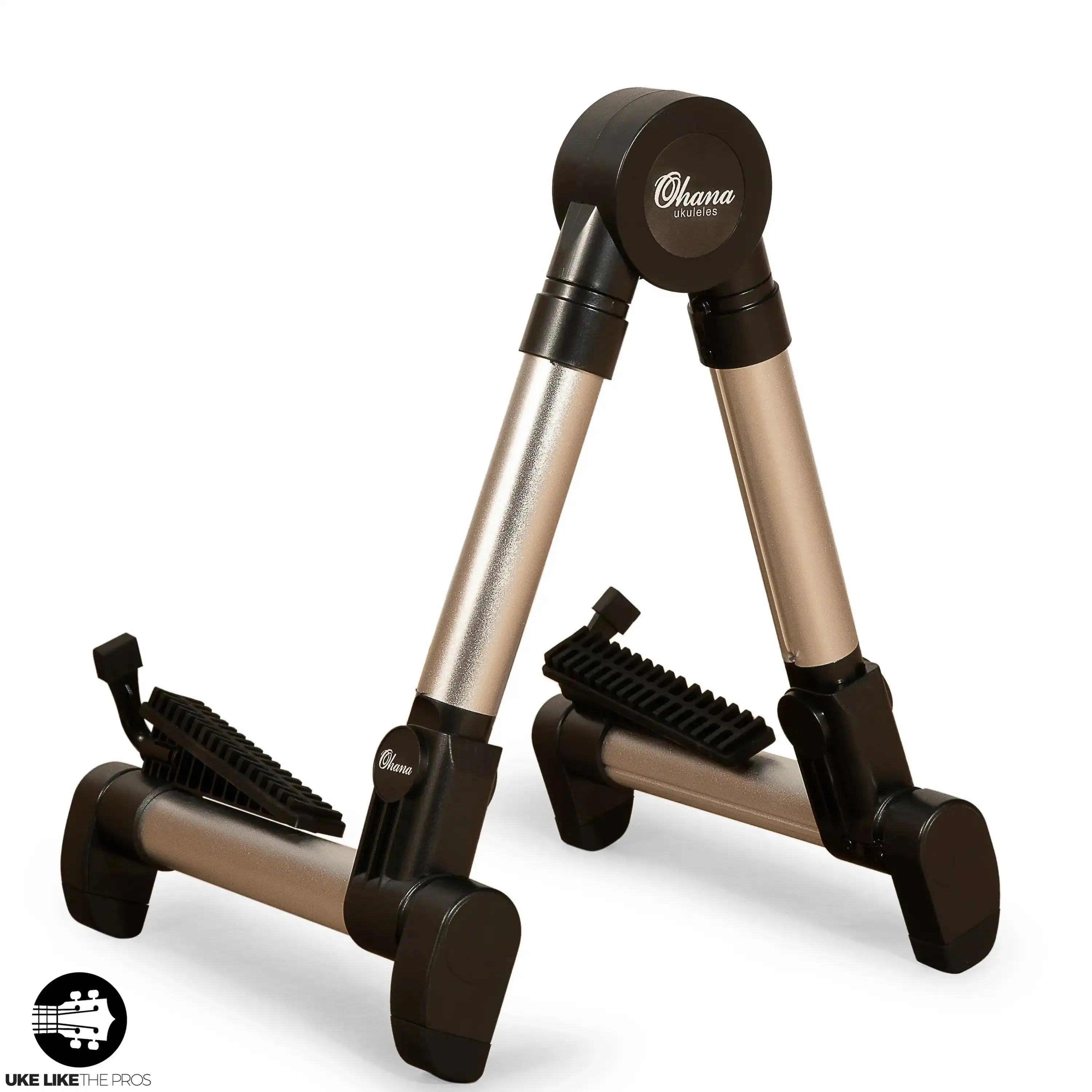 Ohana US-30S lightweight silver aluminum A-frame portable ukulele stand with black accents.