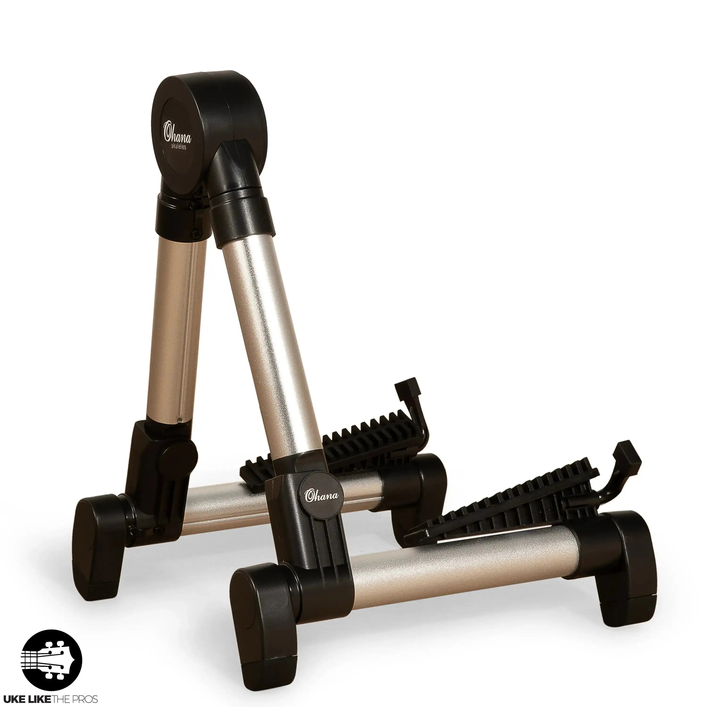 Ohana US-30S lightweight silver aluminum A-frame portable ukulele stand with black accents.