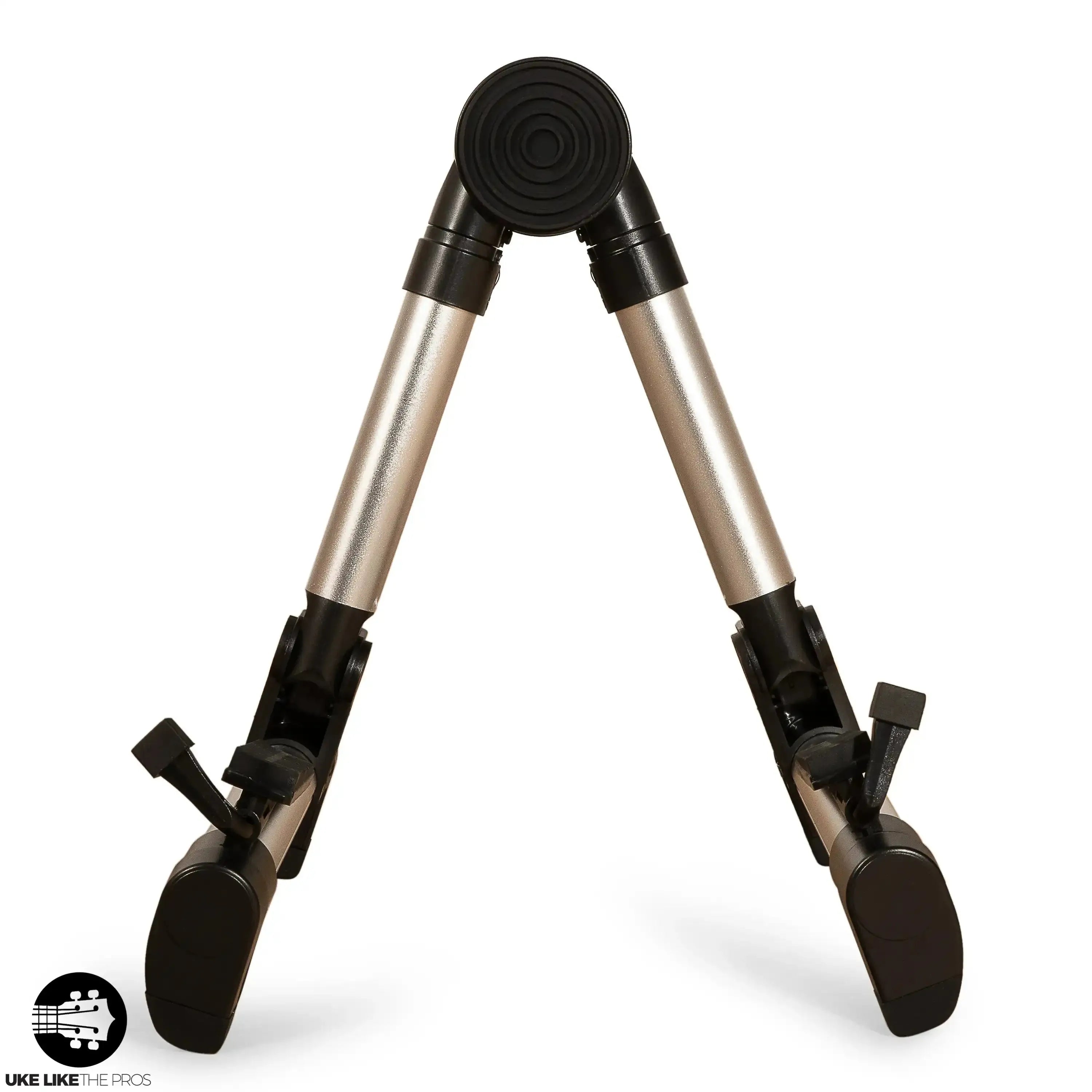Ohana US-30 S lightweight silver aluminum A-frame portable ukulele stand with black rubber feet.