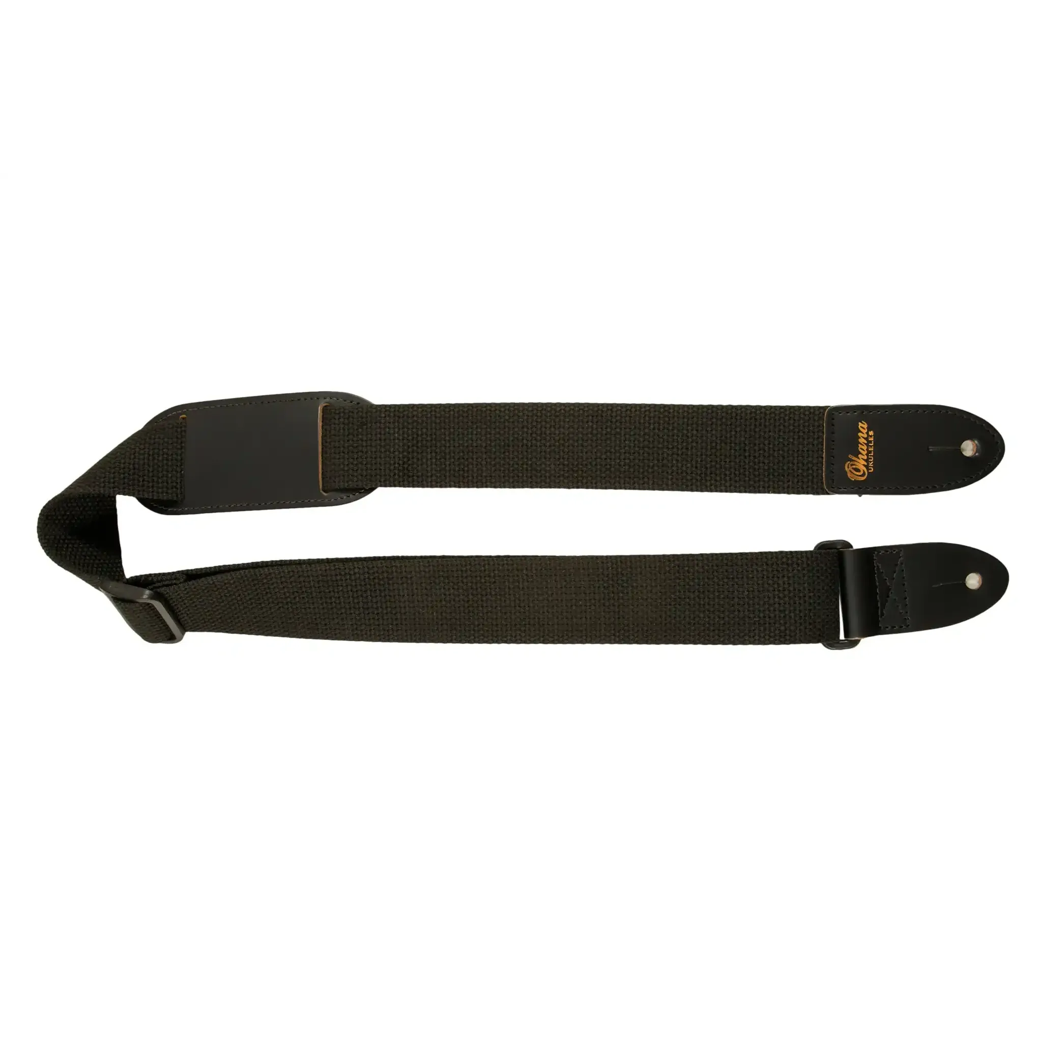 Ohana USS-02 black cotton ukulele strap with leather ends and gold logo.
