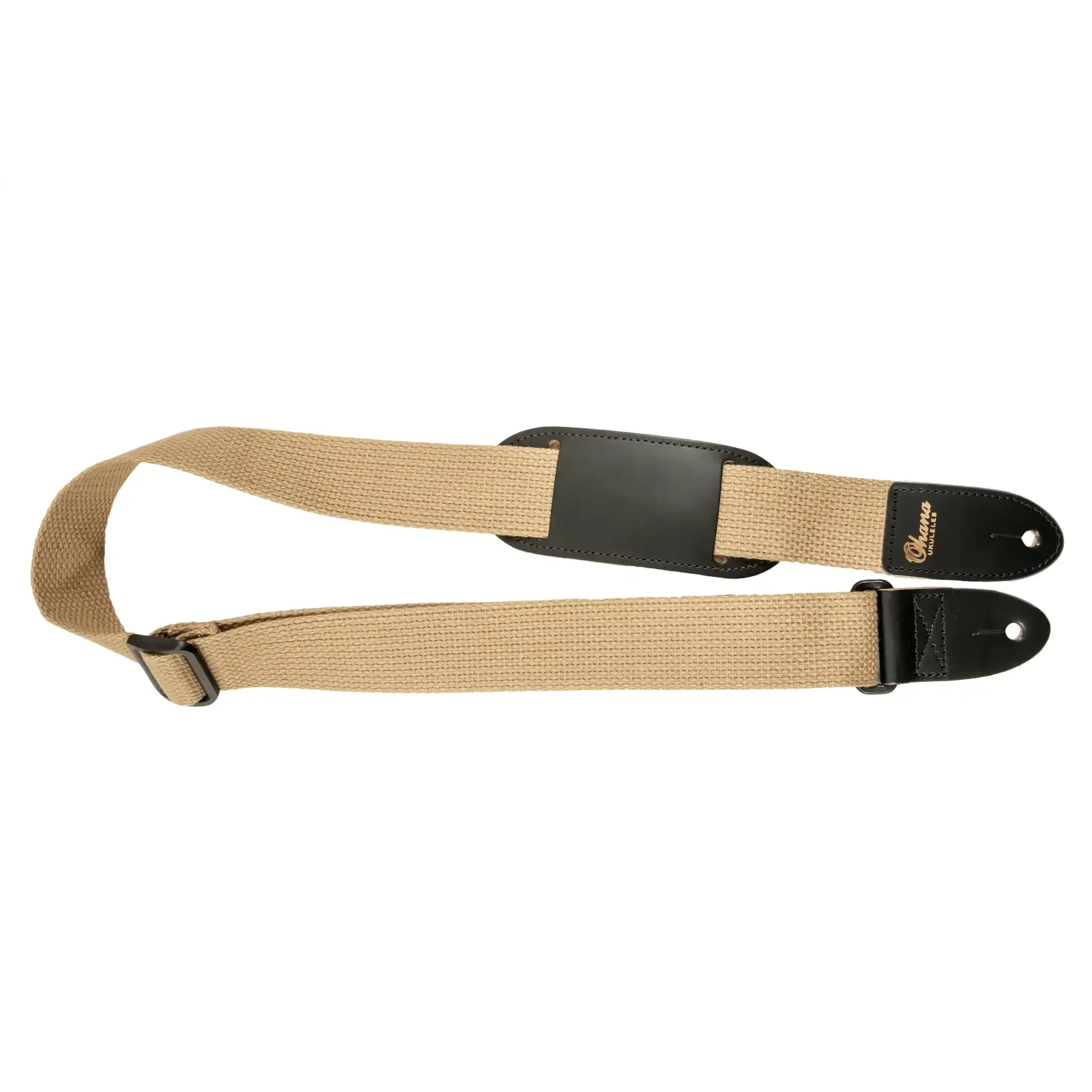 Ohana USS-02 ukulele strap, tan cotton with black leather ends and gold logo.