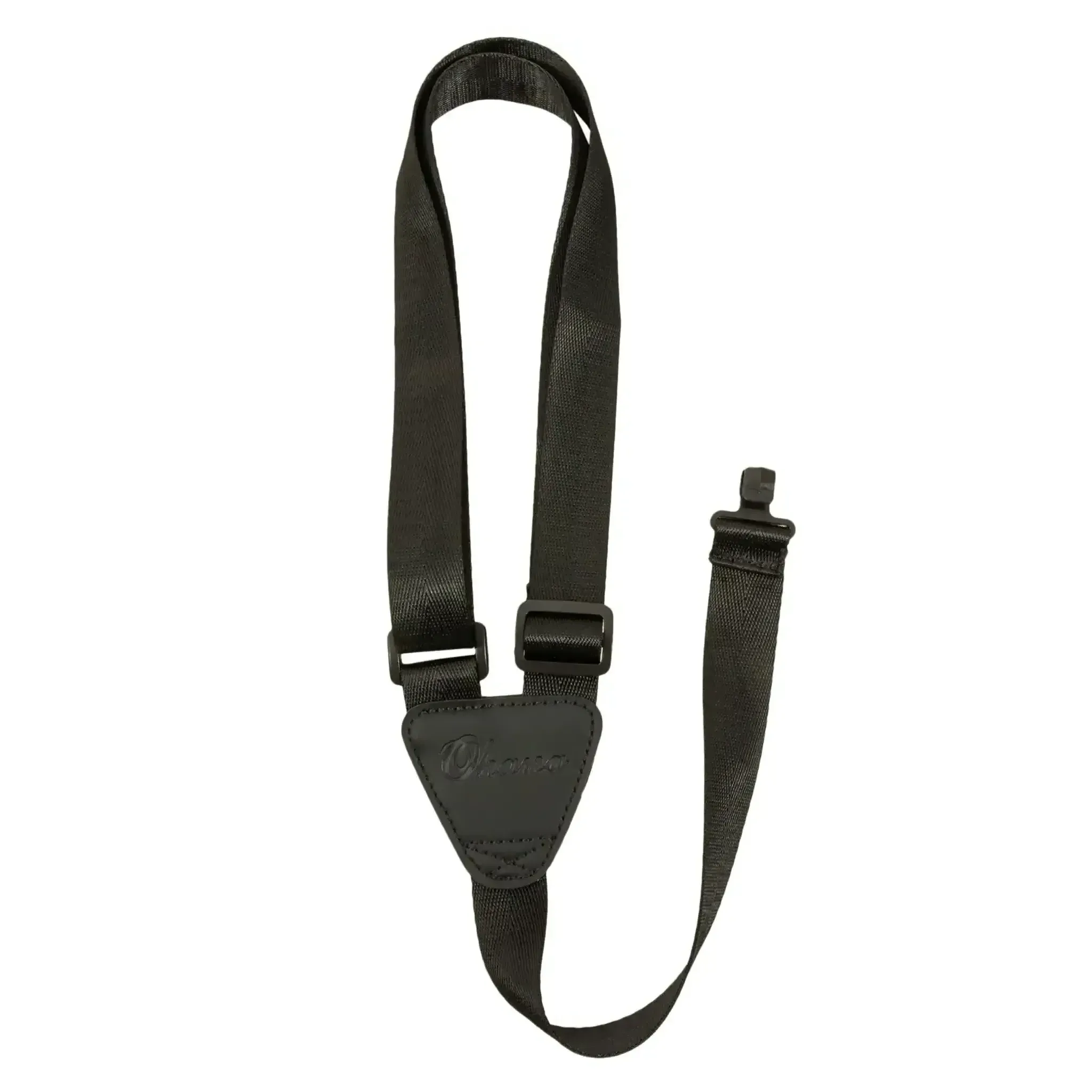 Black Ohana USS-03 hook-style ukulele shoulder strap with faux leather center and adjustable polyester webbing.