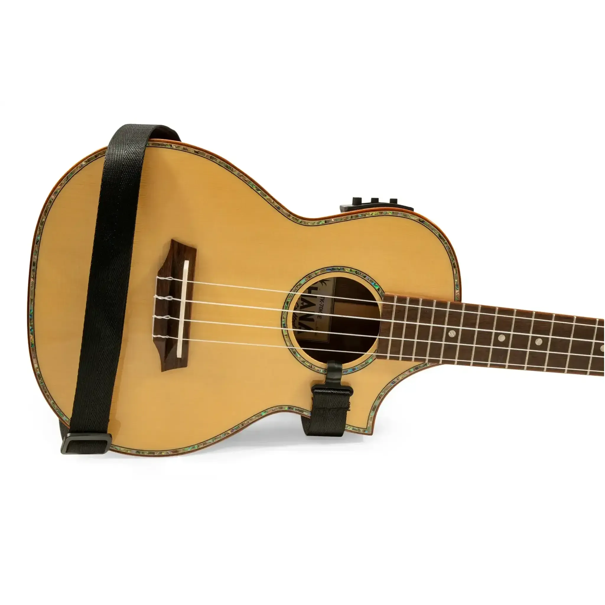 Ohana USS-03 black hook-style ukulele shoulder strap with faux leather detail on a light wood ukulele.