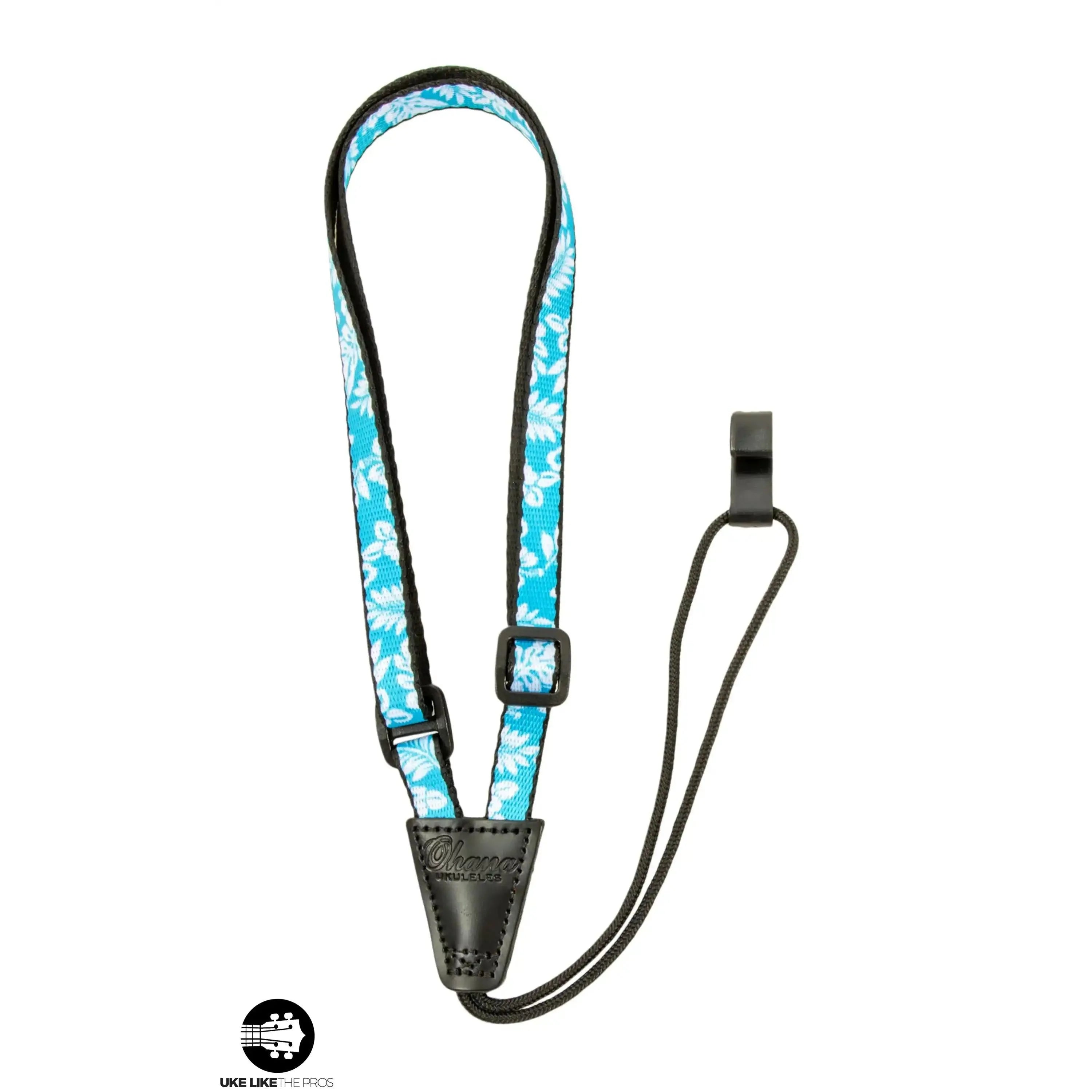 Ohana USS-04 ukulele sound hole strap, blue floral polyester, 0.5" wide, with black leather and hook.