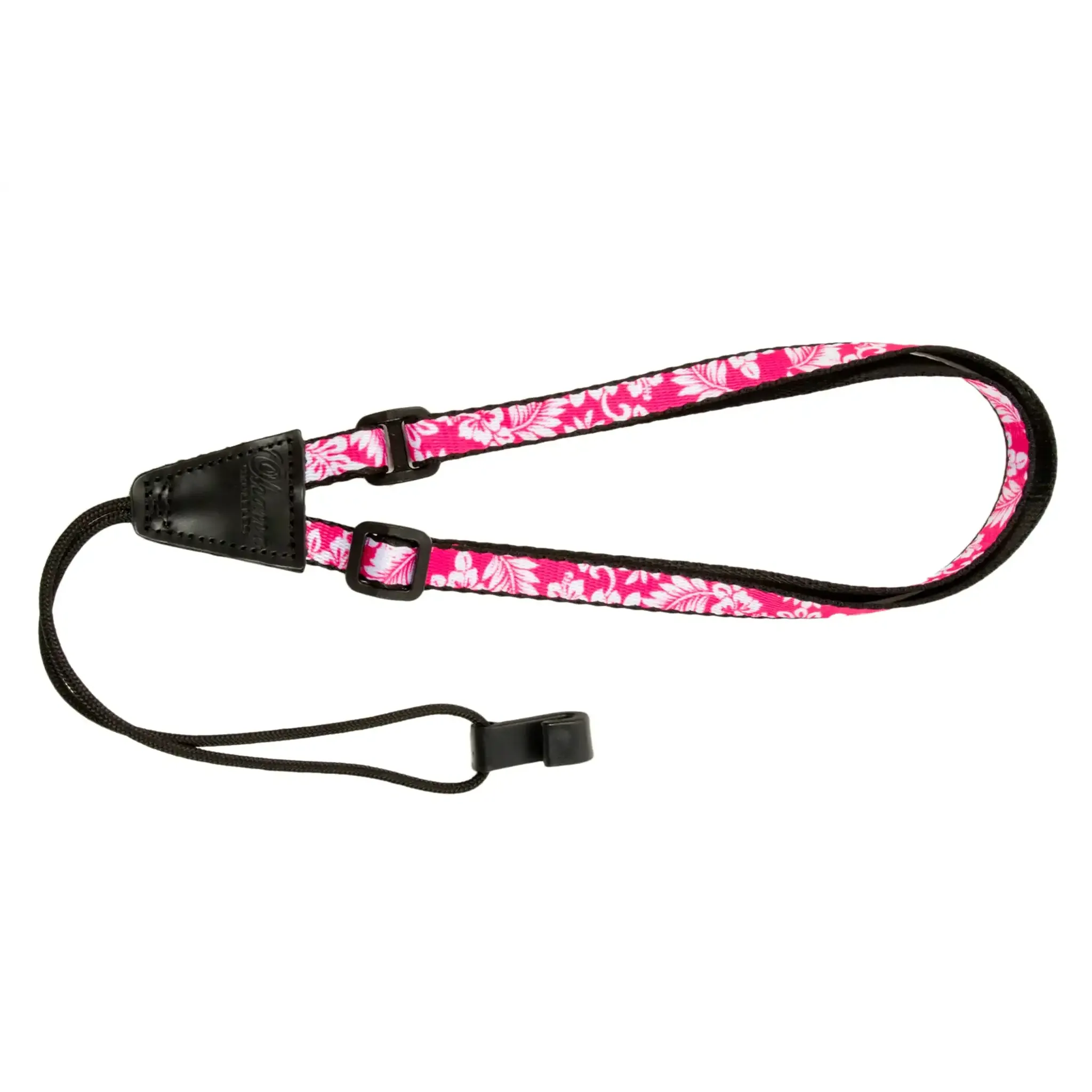 Ohana USS-04 ukulele sound hole strap, fuchsia floral polyester, 0.5" wide, no drilling required.