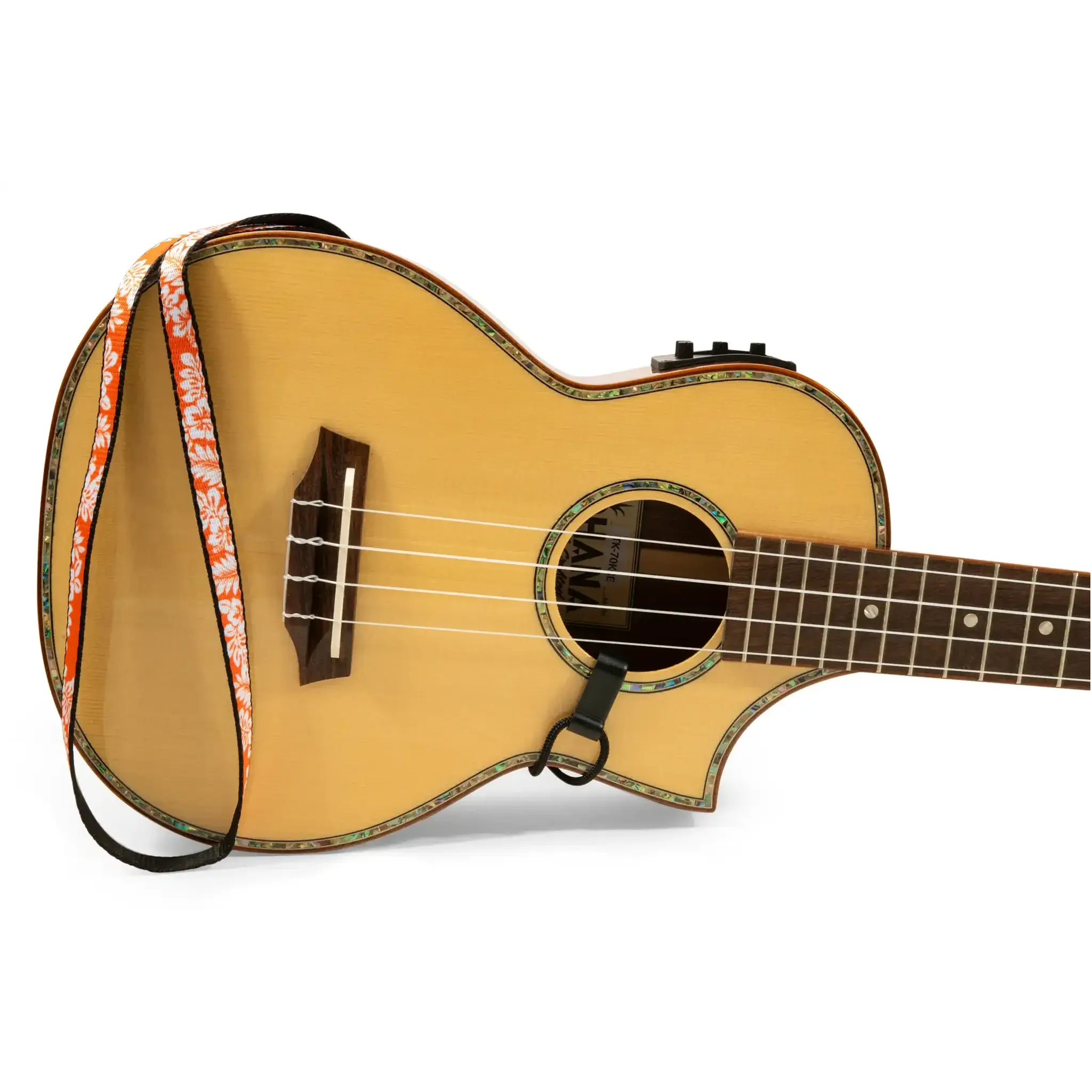 Ohana USS-04 ukulele sound hole strap, orange floral polyester, 0.5" wide, attached to a light wood ukulele.