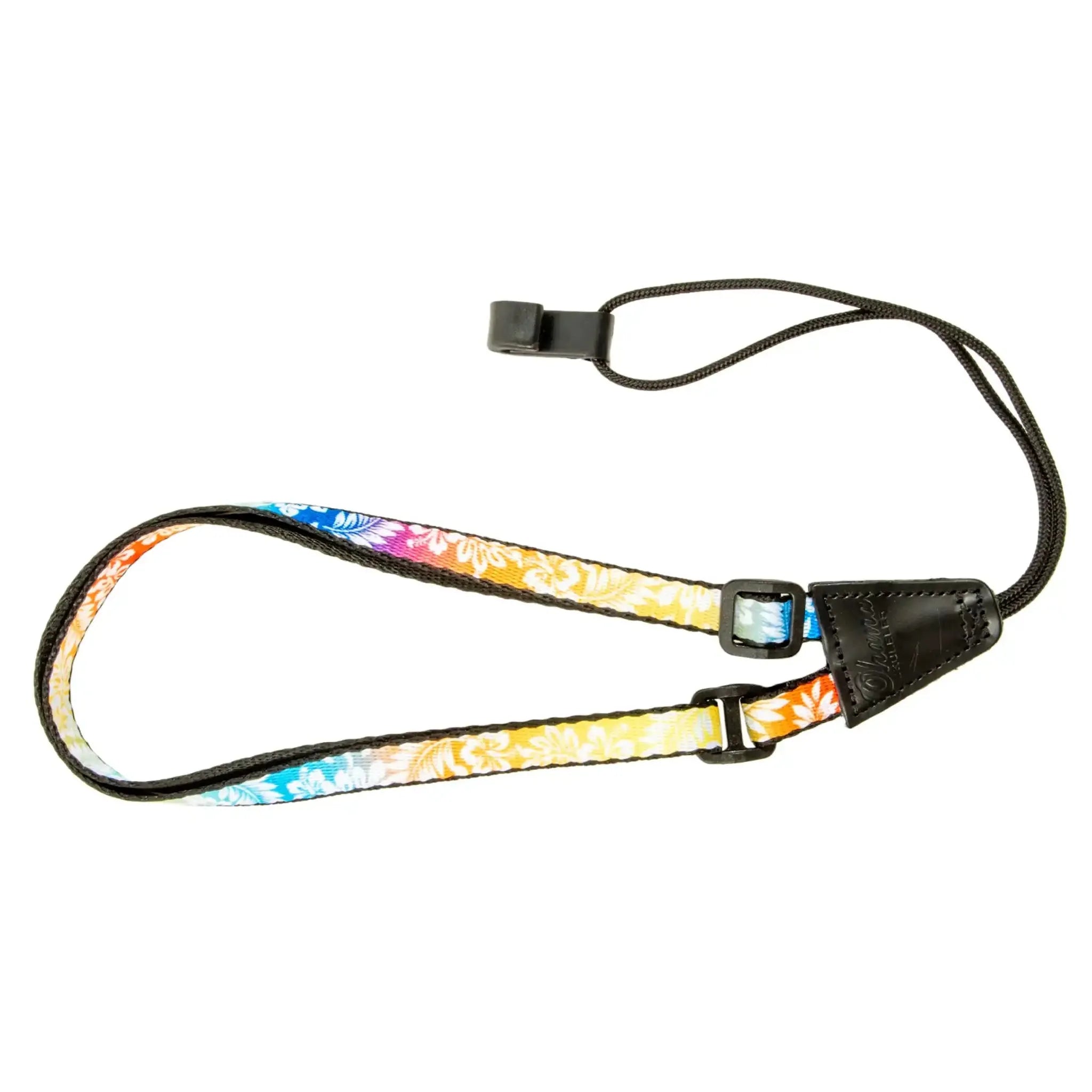 Ohana USS-04 ukulele sound hole strap, rainbow floral polyester, 0.5-inch wide, no drilling required.