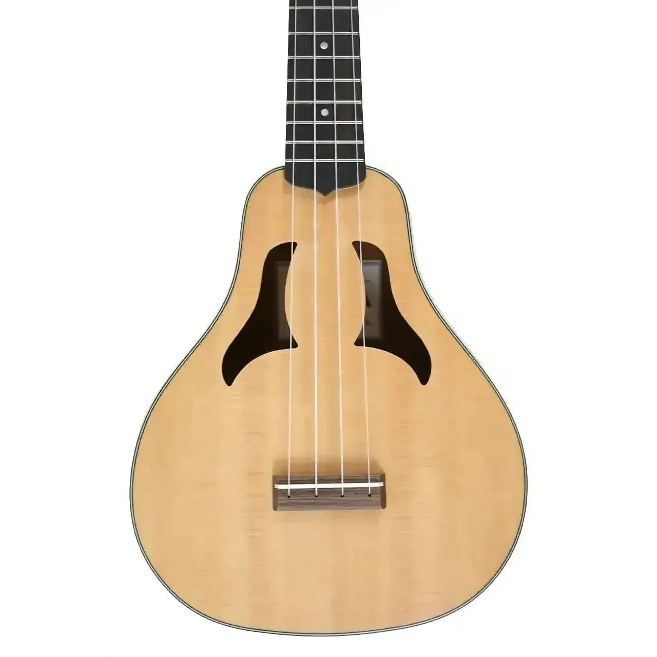 Ohana VK-70 Vita Series soprano ukulele with light wood body, unique f-hole design, and dark fretboard.