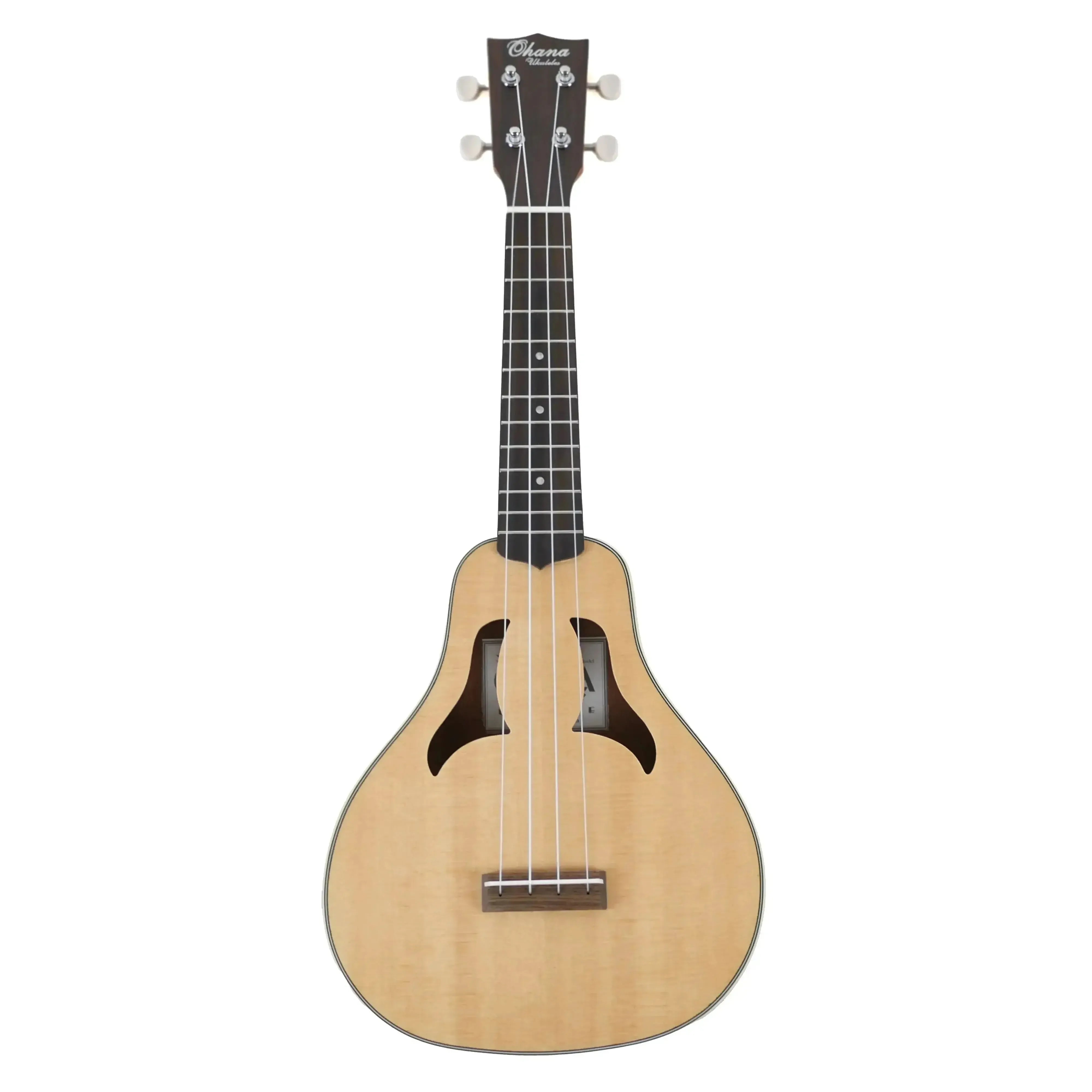 Ohana VK-70 Vita Series soprano ukulele with light wood body, dark headstock, and f-hole design.