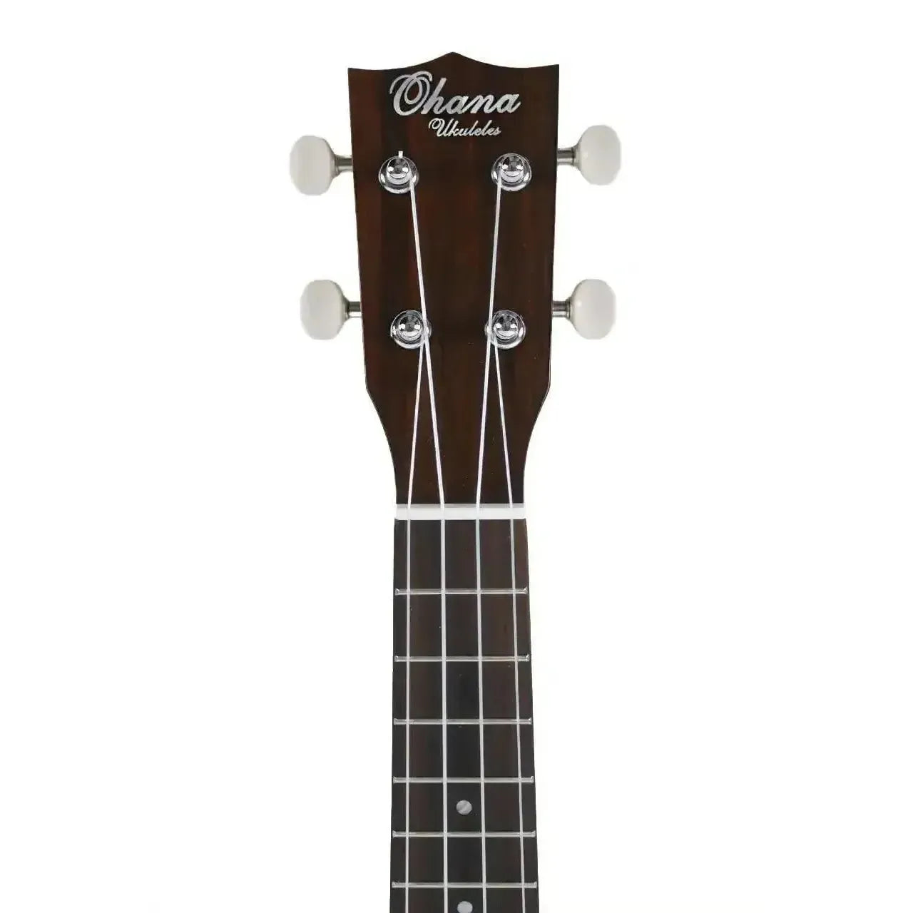 Ohana VK-70 soprano ukulele headstock with dark wood, white tuners, and "Ohana Ukuleles" logo.