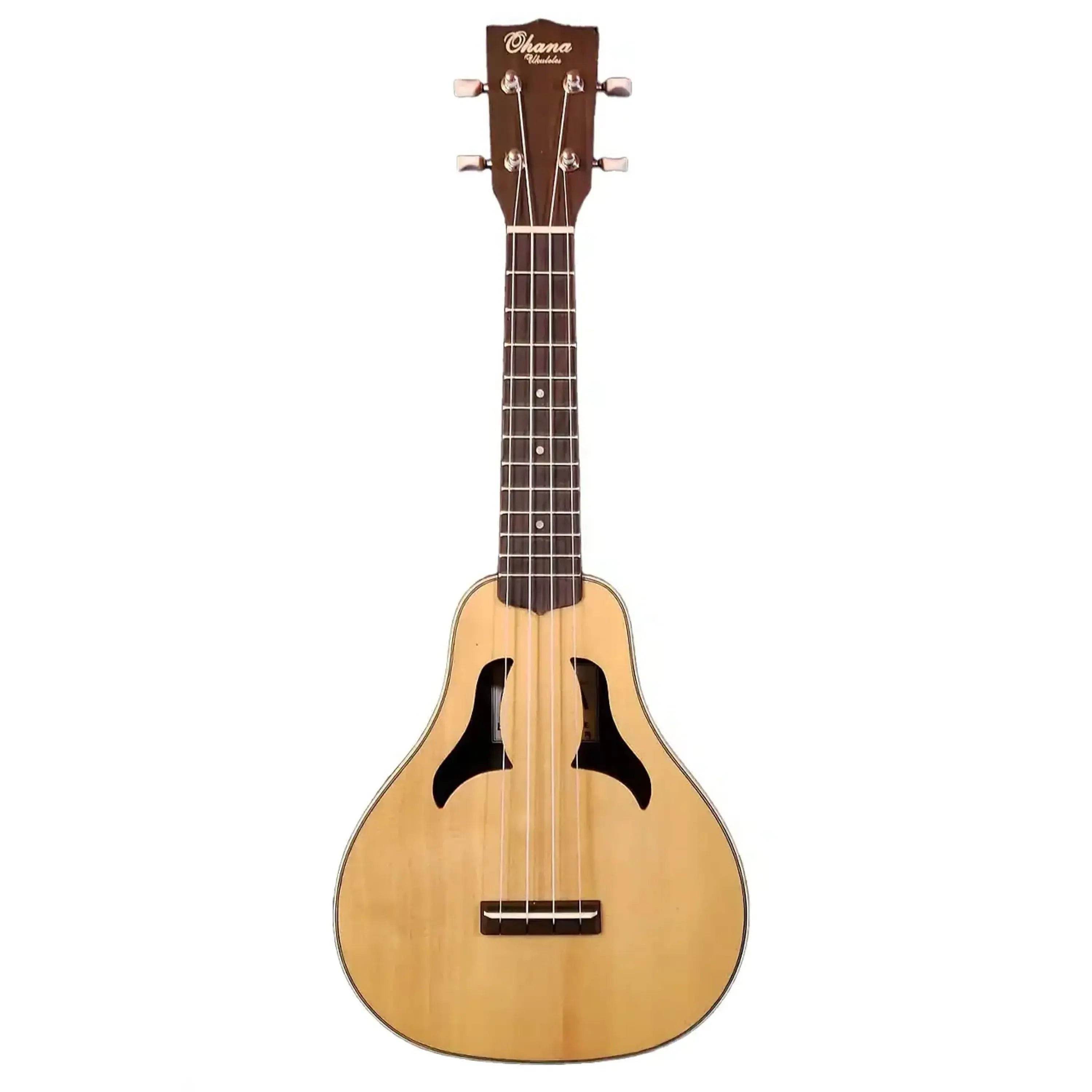 Ohana VK-70R Vita Series Soprano Ukulele with light wood body, dark fretboard, and unique f-holes.
