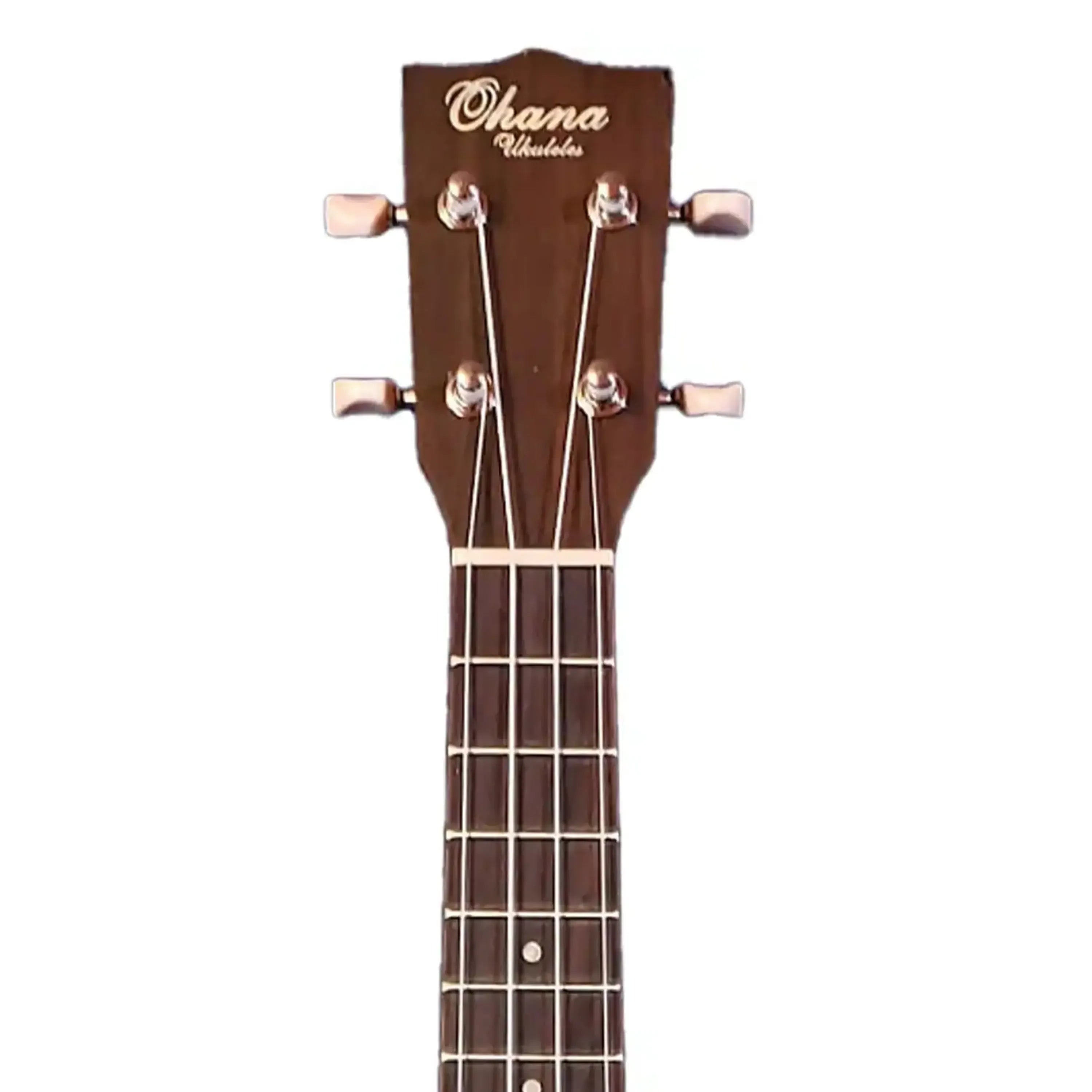 Ohana VK-70R soprano ukulele headstock and fretboard with chrome tuners and pearloid dot inlays.