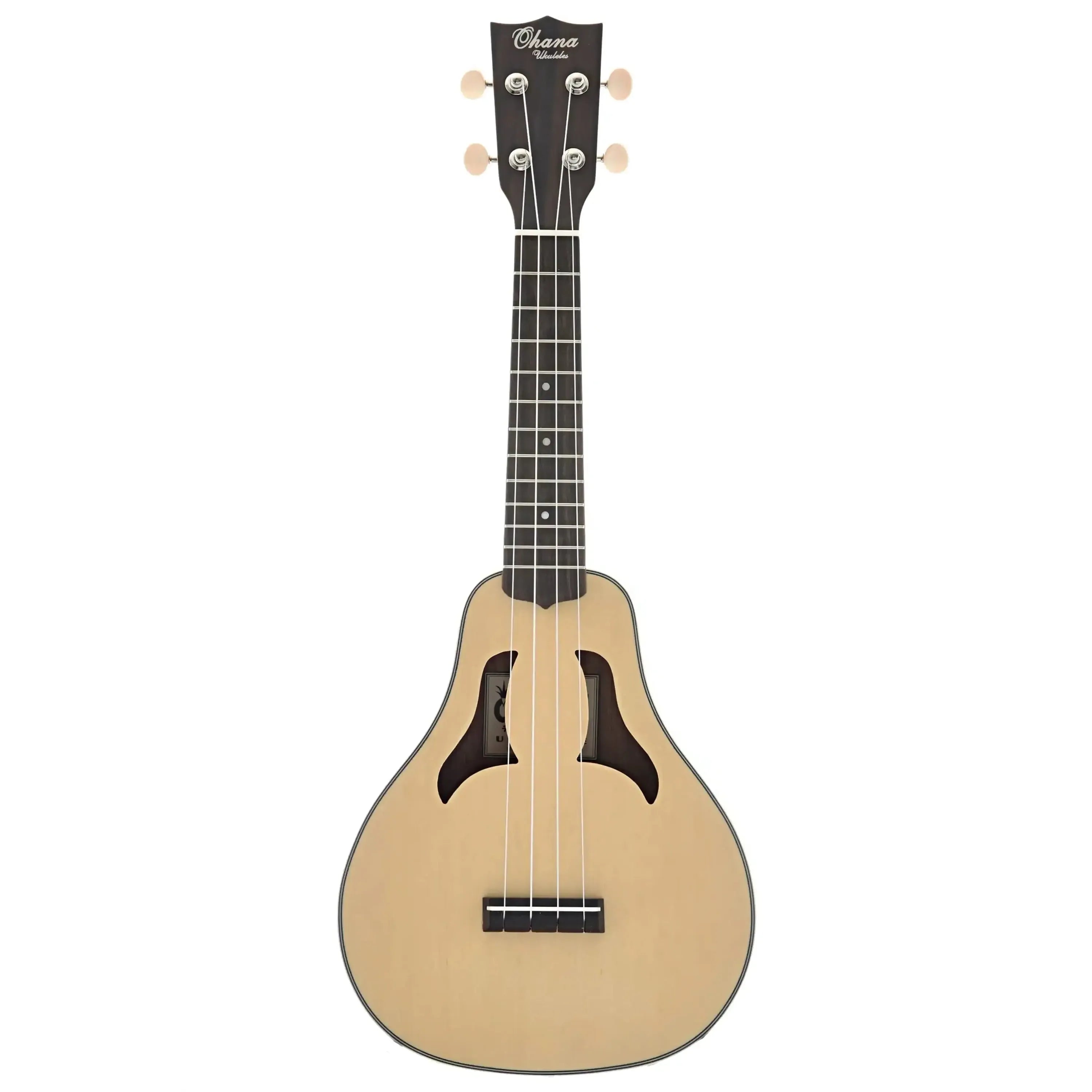 Ohana VKC-70 Concert Ukulele with a light spruce top, dark rosewood fingerboard, and vintage f-holes.