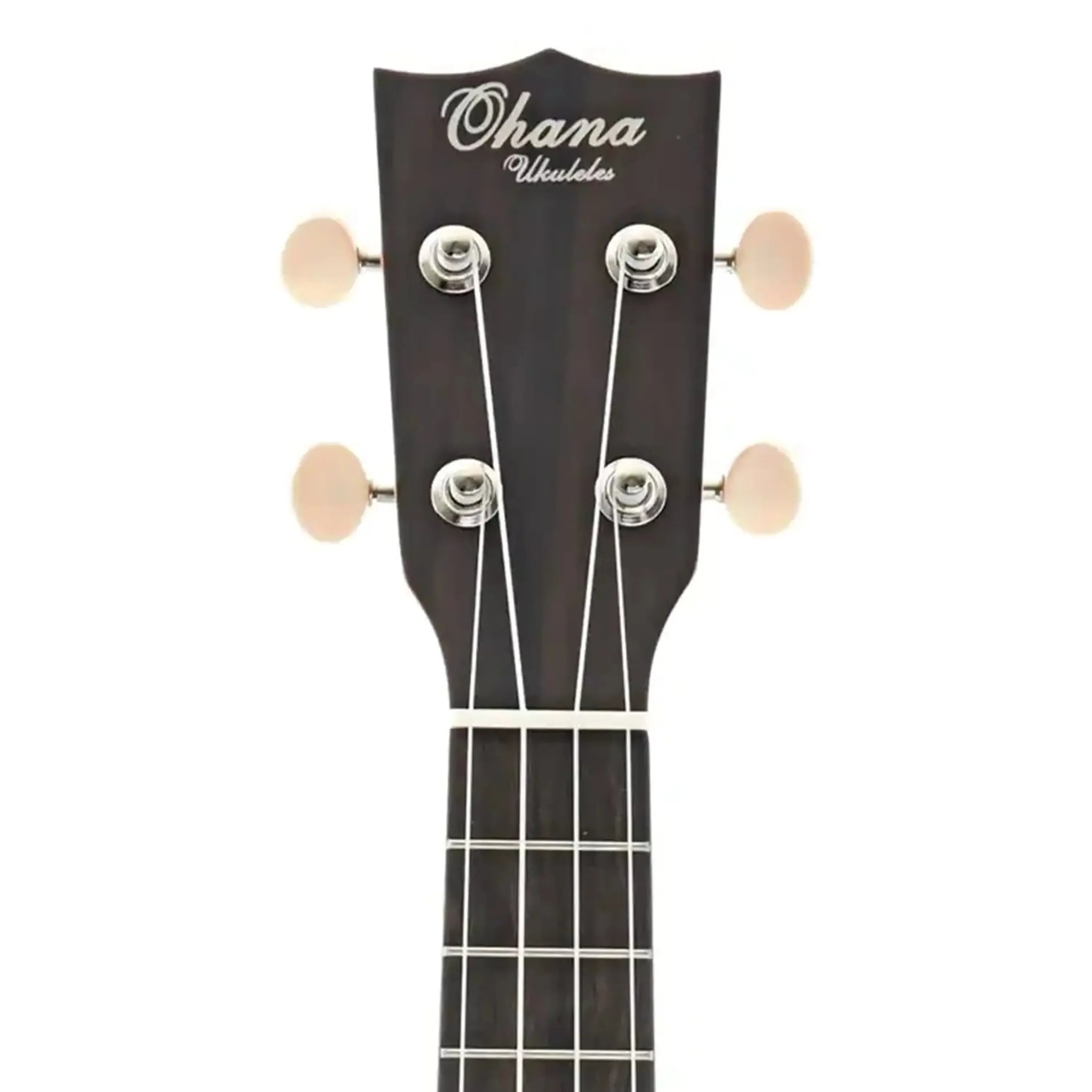Ohana VKC-70 Concert Ukulele headstock with dark wood, white logo, and cream tuning pegs.