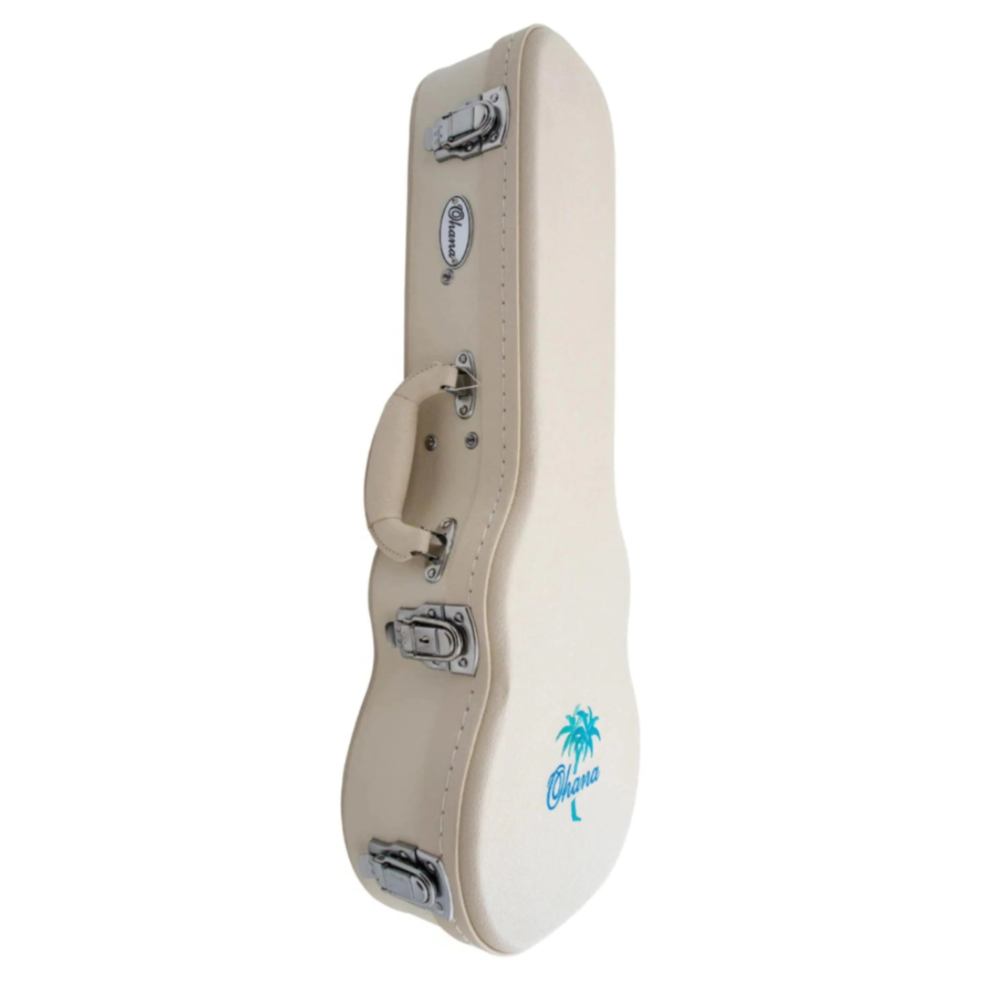 Ohana WEM-24 white concert ukulele hardshell case with chrome latches and blue palm tree logo.