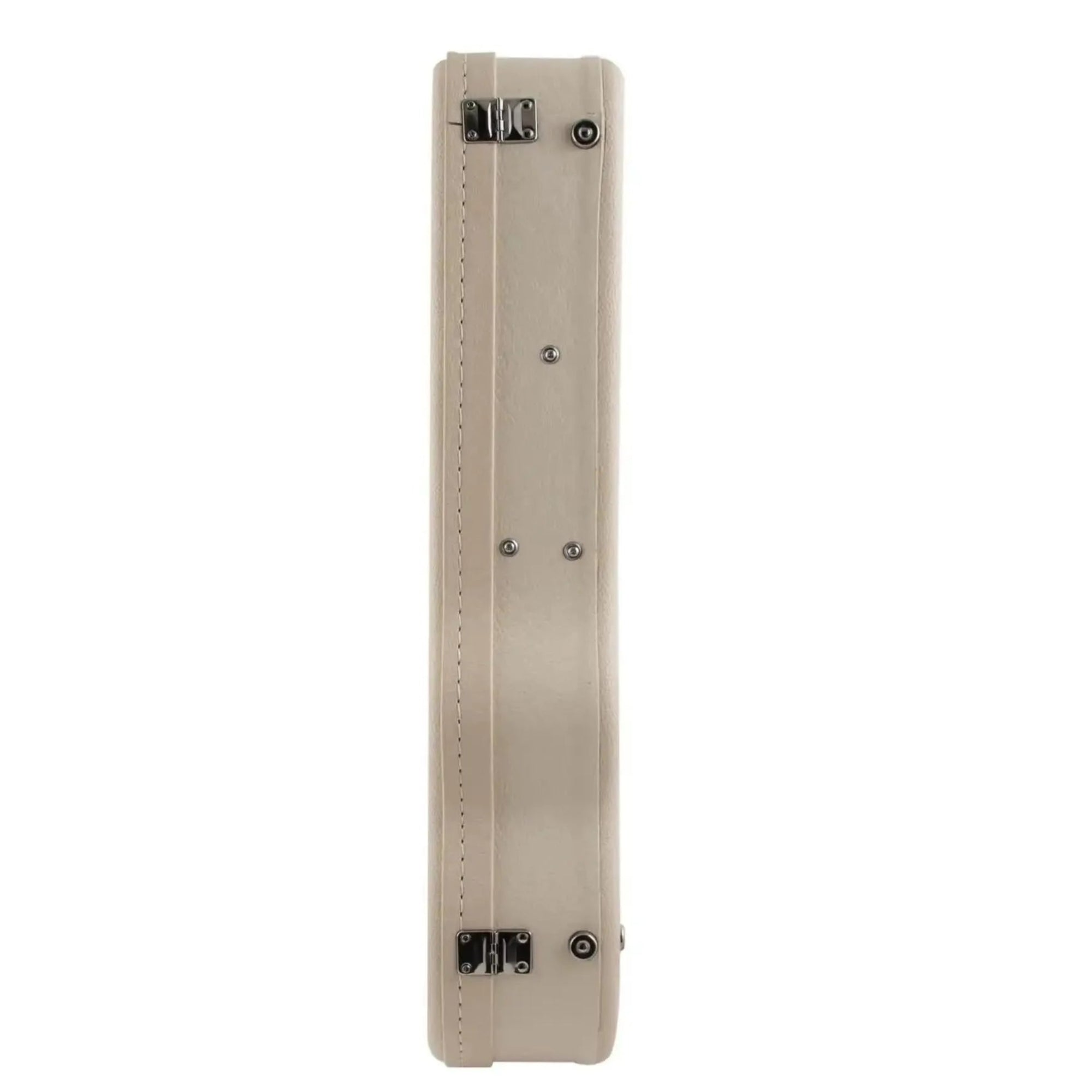 Ohana WEM-24 white concert ukulele hardshell case with chrome latches, side view.
