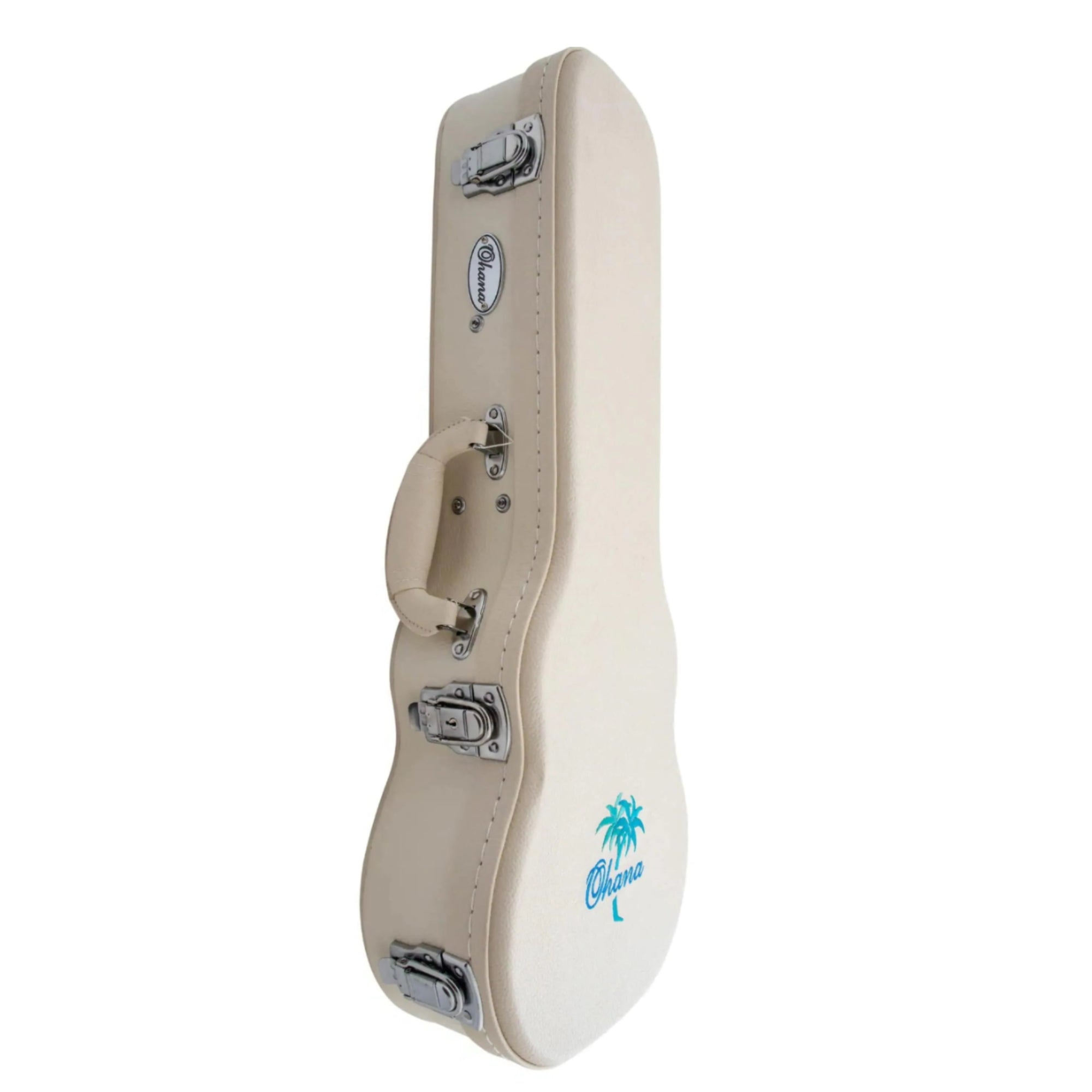 Ohana WEM-27 white tenor ukulele hardshell case with blue palm tree logo and chrome latches.