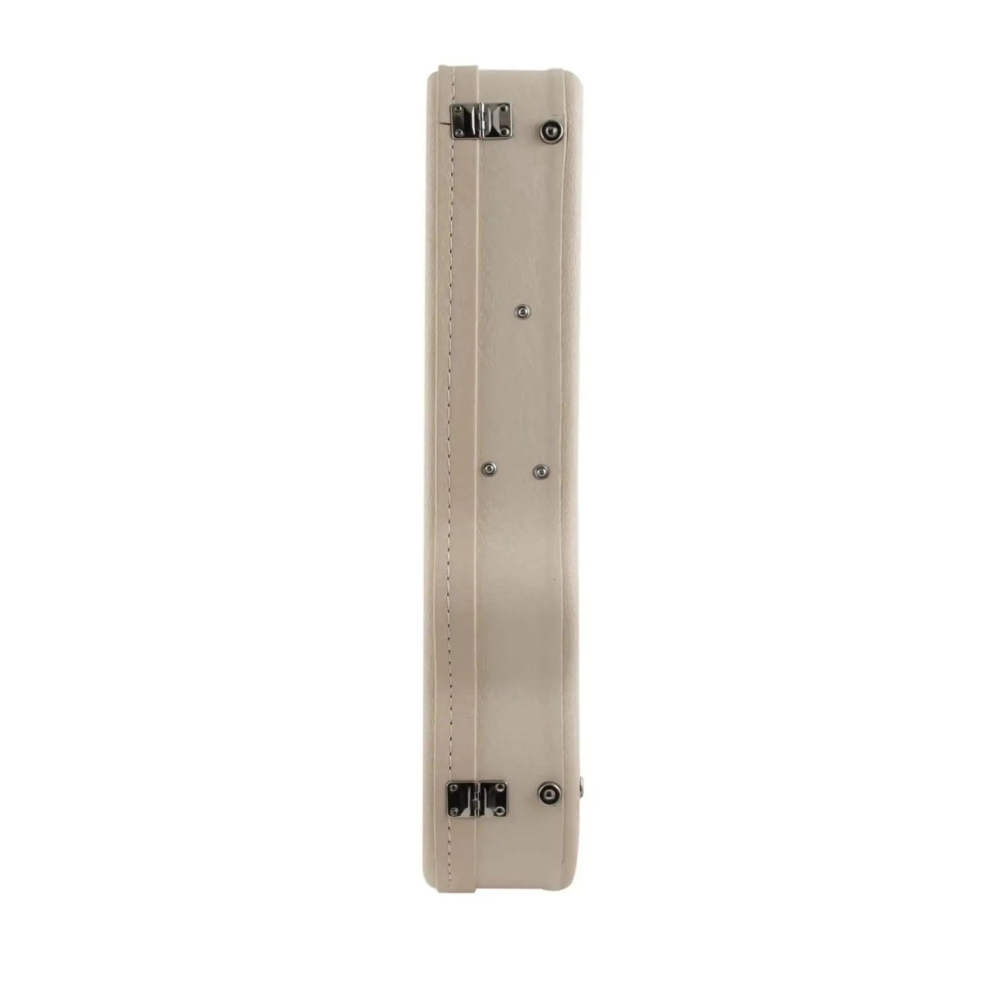 Ohana WEM-27 white tenor ukulele hardshell case, side view, with chrome latches.