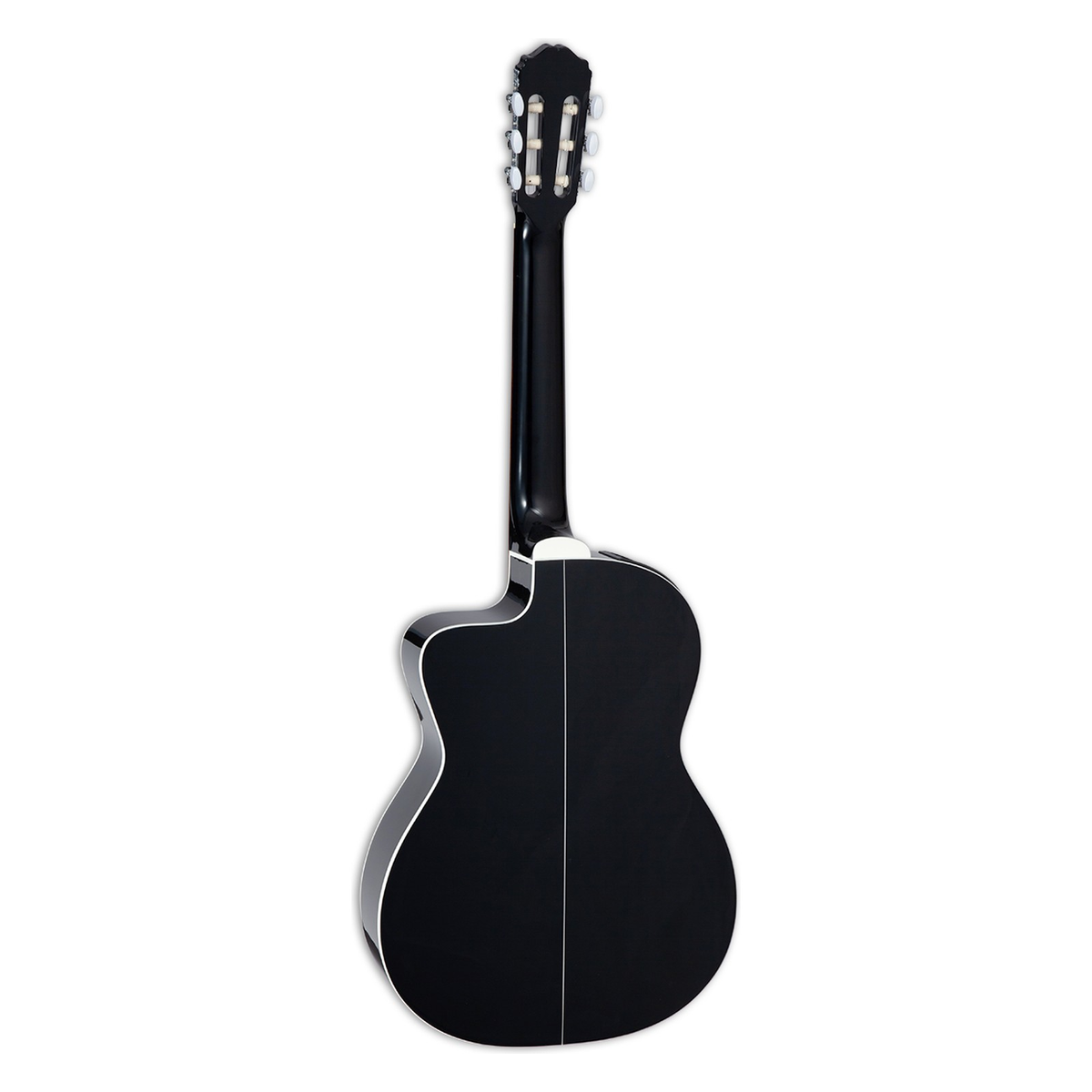 Back and neck of the Takamine GC2CE classical cutaway guitar in gloss black, standing upright.