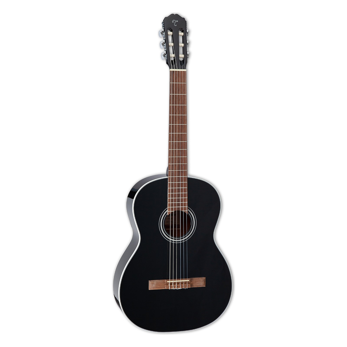 Takamine GC2 classical guitar in gloss black with chrome tuners, standing upright.