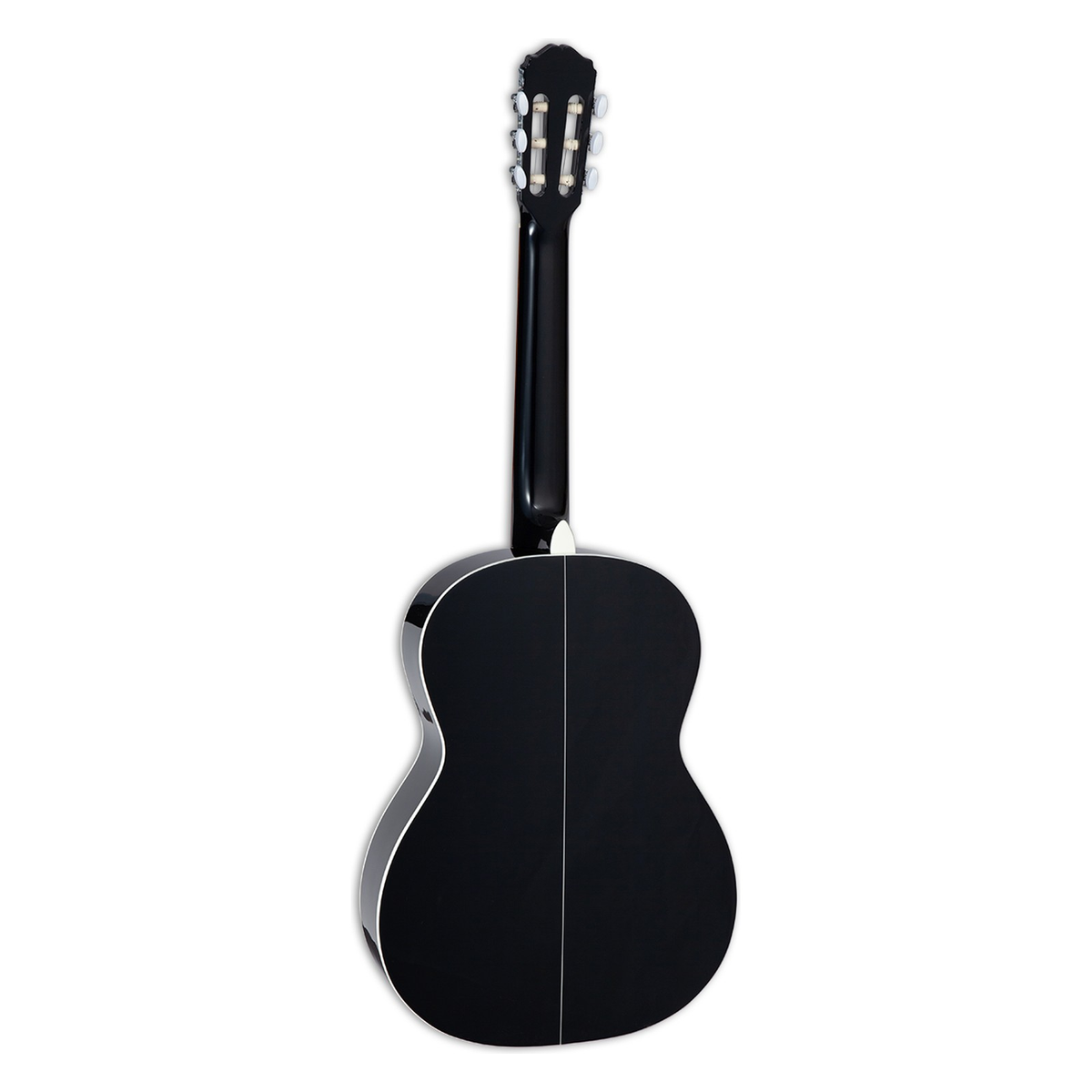 Back and neck of the Takamine GC2 classical guitar in gloss black, standing upright.