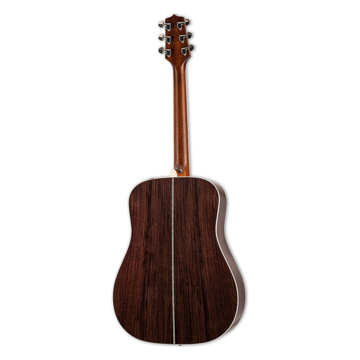 Back of the Takamine EF360GF left-handed guitar in dark rosewood with a white center stripe.